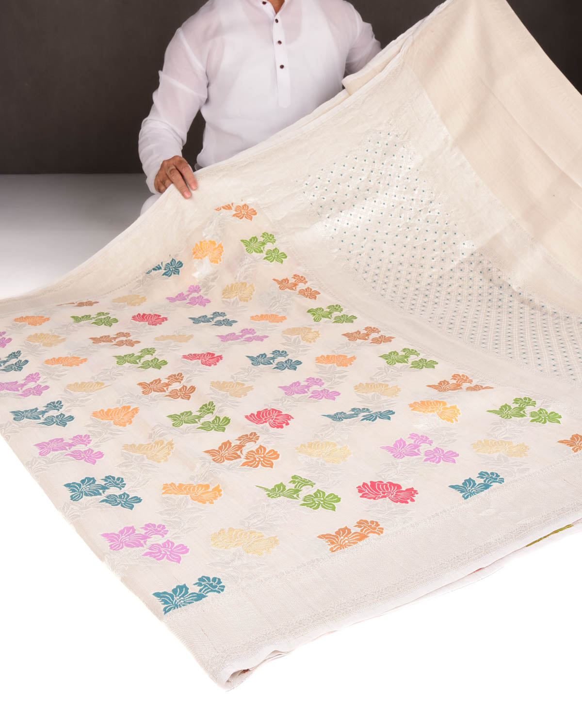 Beige Silver Zari & Resham Floral Jaal Cutwork Brocade Handwoven Tasar Georgette Banarasi Saree-HolyWeaves