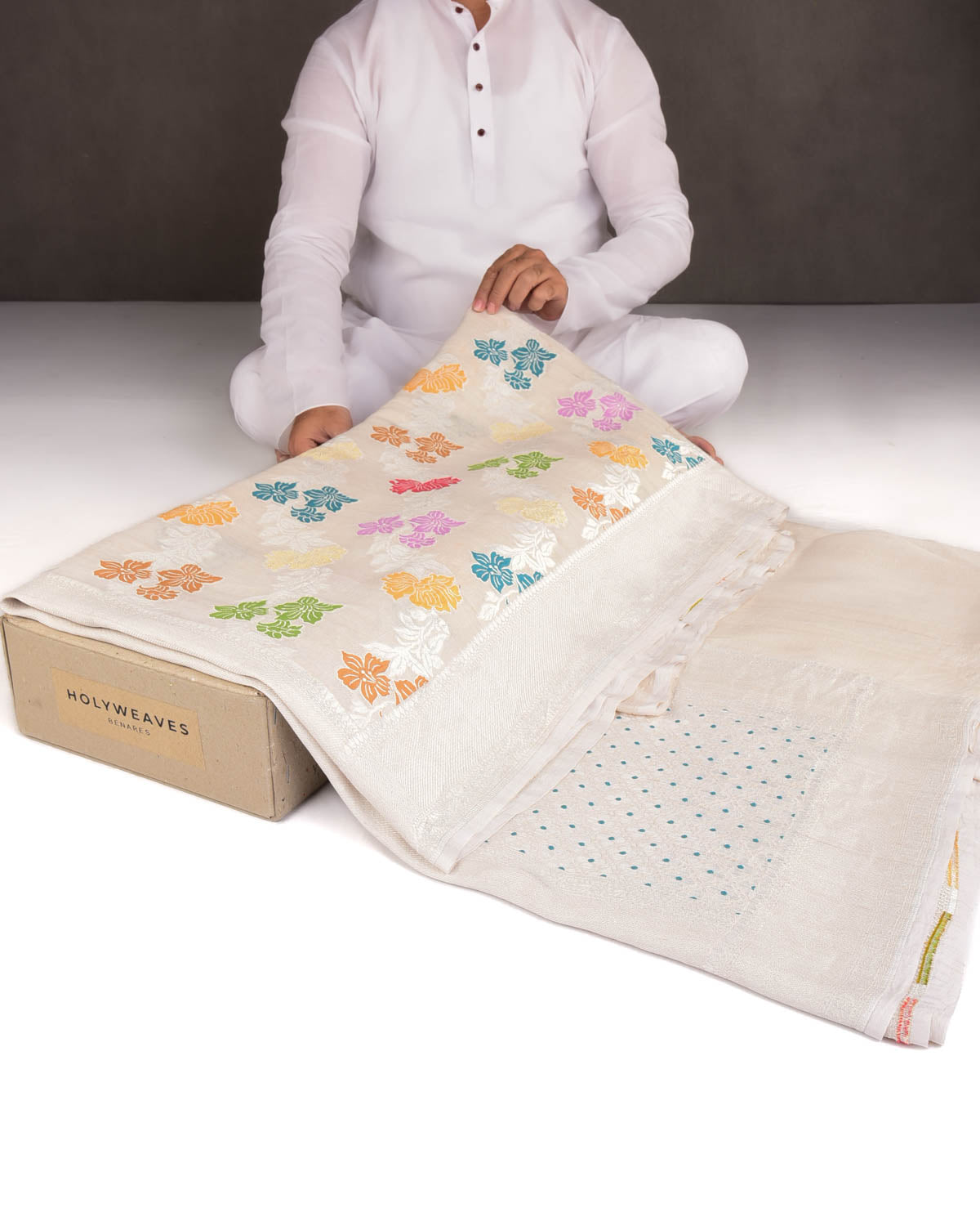 Beige Silver Zari & Resham Floral Jaal Cutwork Brocade Handwoven Tasar Georgette Banarasi Saree-HolyWeaves