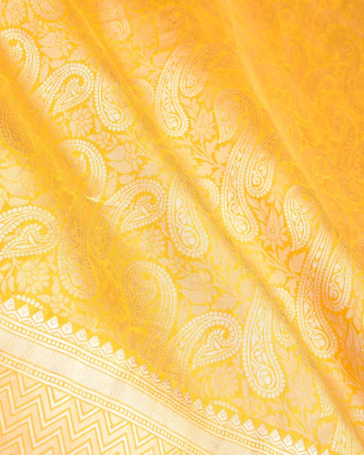 Mustard Yellow Dual Tone Gold Zari Paisley Jaal Cutwork Brocade Handwoven Katan Silk Banarasi Saree-HolyWeaves