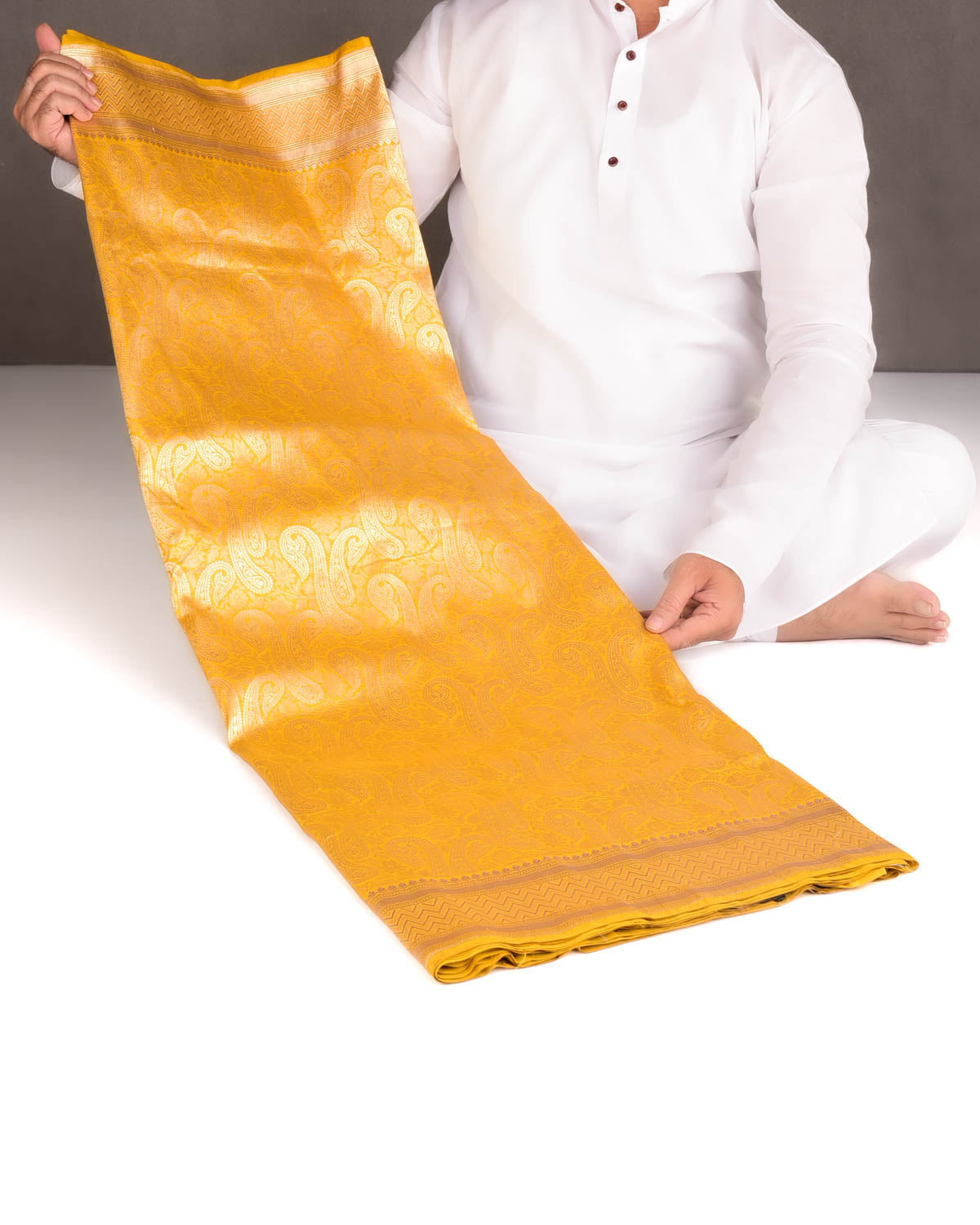 Mustard Yellow Dual Tone Gold Zari Paisley Jaal Cutwork Brocade Handwoven Katan Silk Banarasi Saree-HolyWeaves