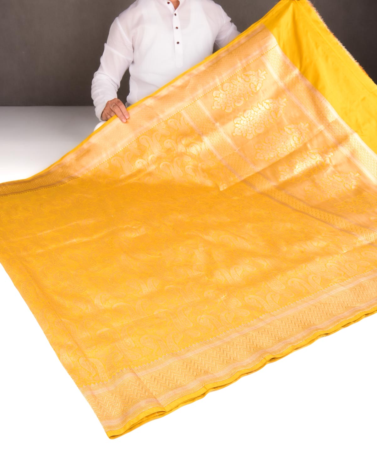 Mustard Yellow Dual Tone Gold Zari Paisley Jaal Cutwork Brocade Handwoven Katan Silk Banarasi Saree-HolyWeaves