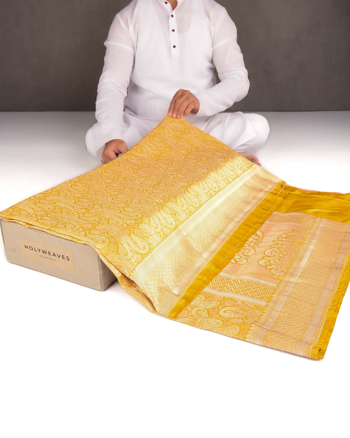 Mustard Yellow Dual Tone Gold Zari Paisley Jaal Cutwork Brocade Handwoven Katan Silk Banarasi Saree-HolyWeaves