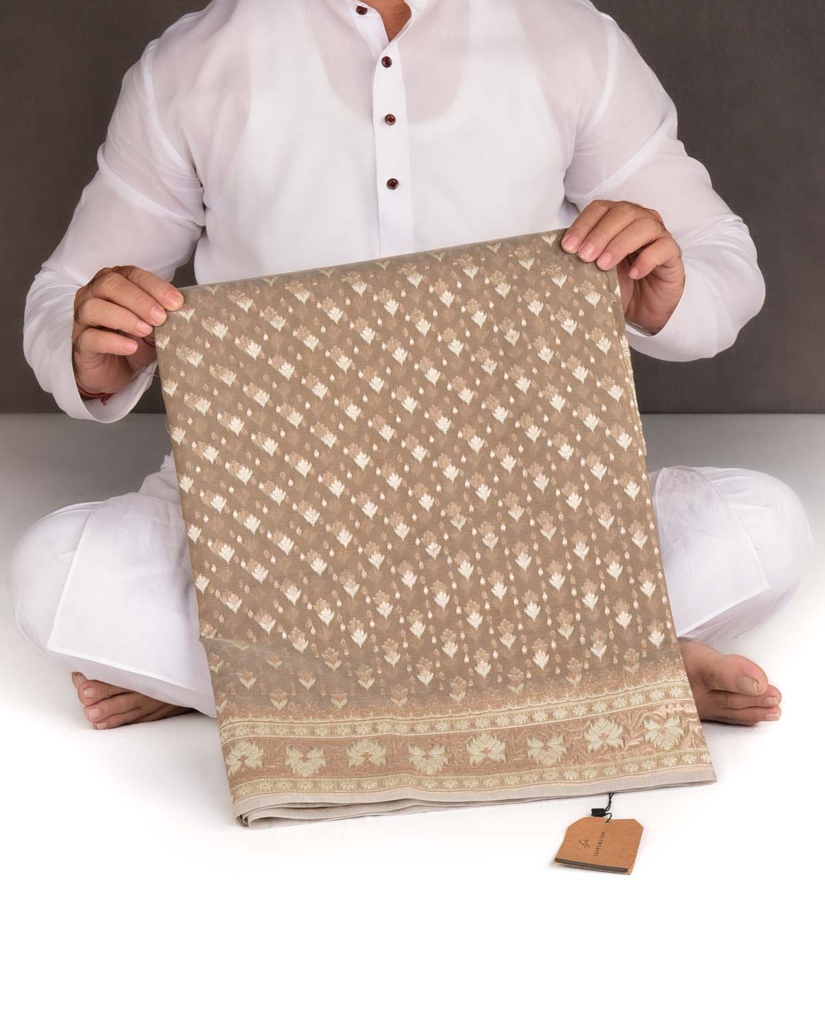 Stone Gray Alfi Buti Cutwork Brocade Woven Cotton Silk Banarasi Saree-HolyWeaves