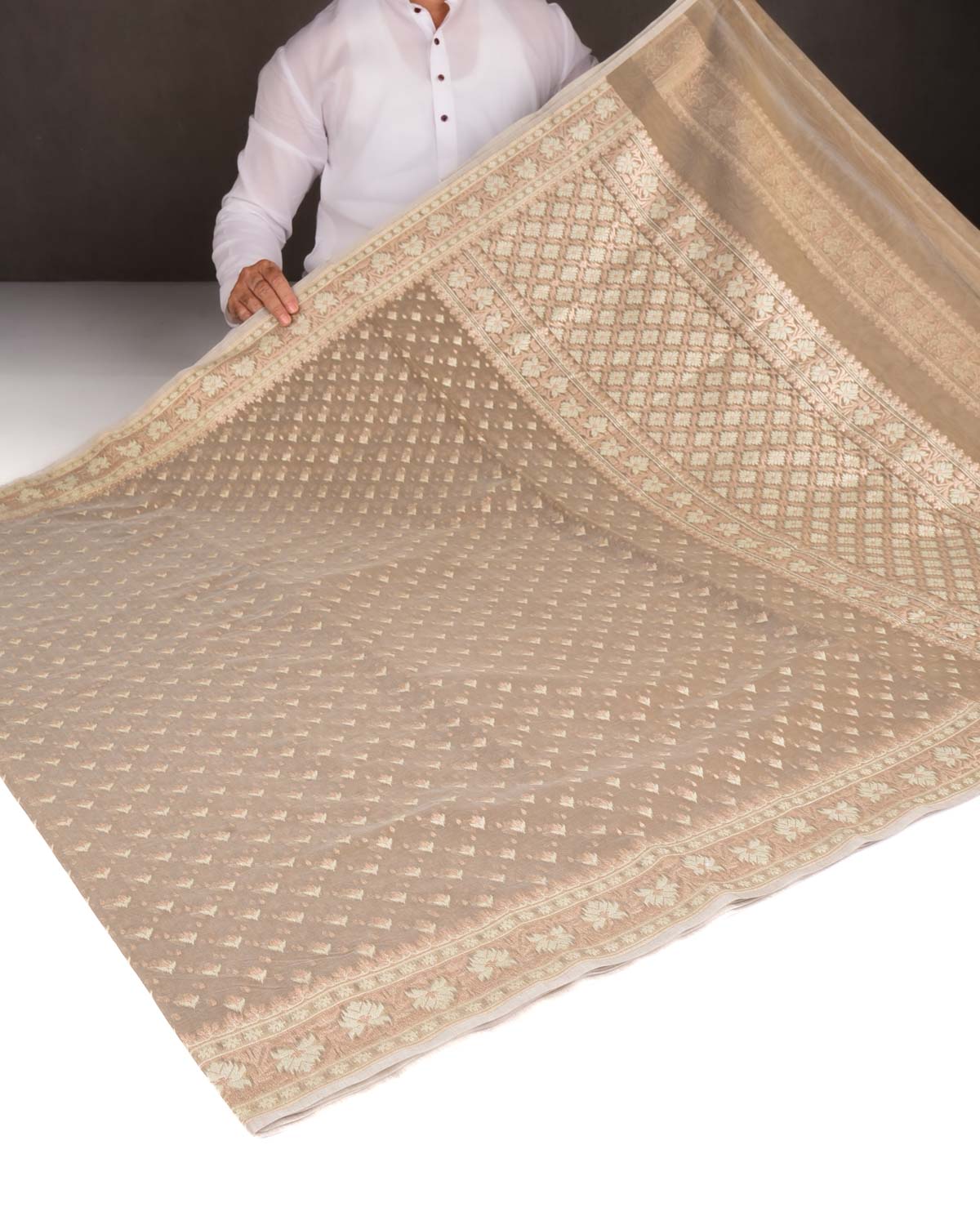 Stone Gray Alfi Buti Cutwork Brocade Woven Cotton Silk Banarasi Saree-HolyWeaves