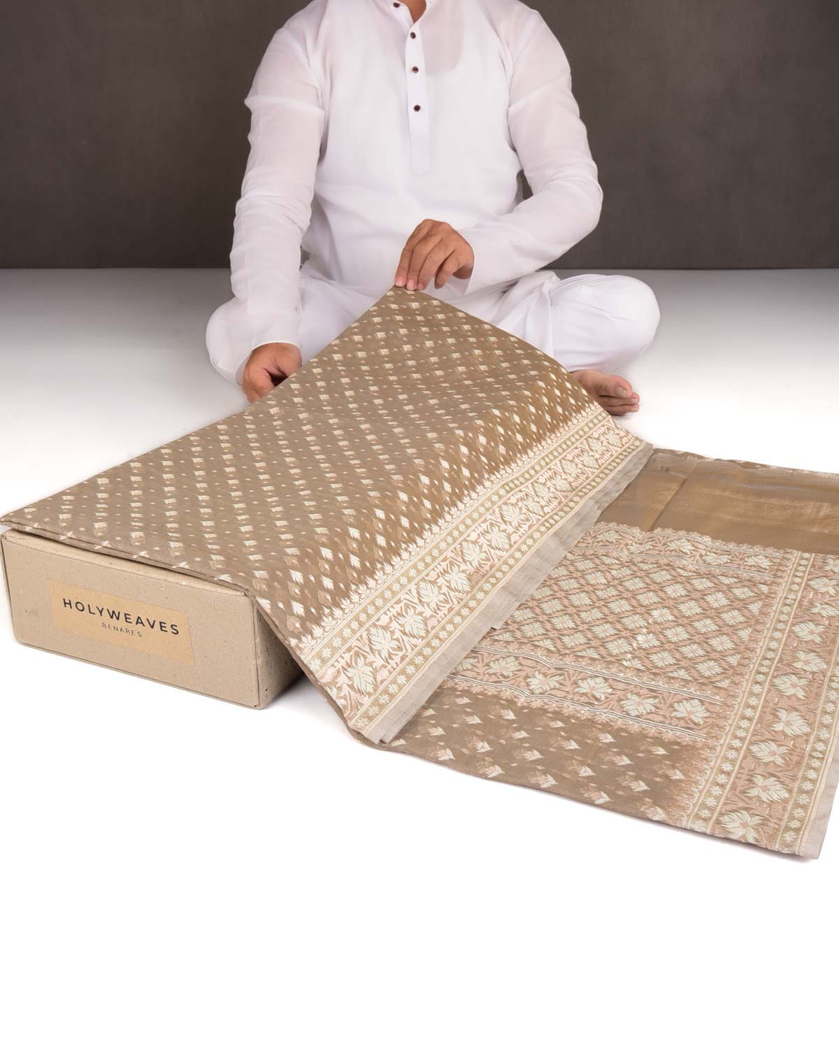 Stone Gray Alfi Buti Cutwork Brocade Woven Cotton Silk Banarasi Saree-HolyWeaves