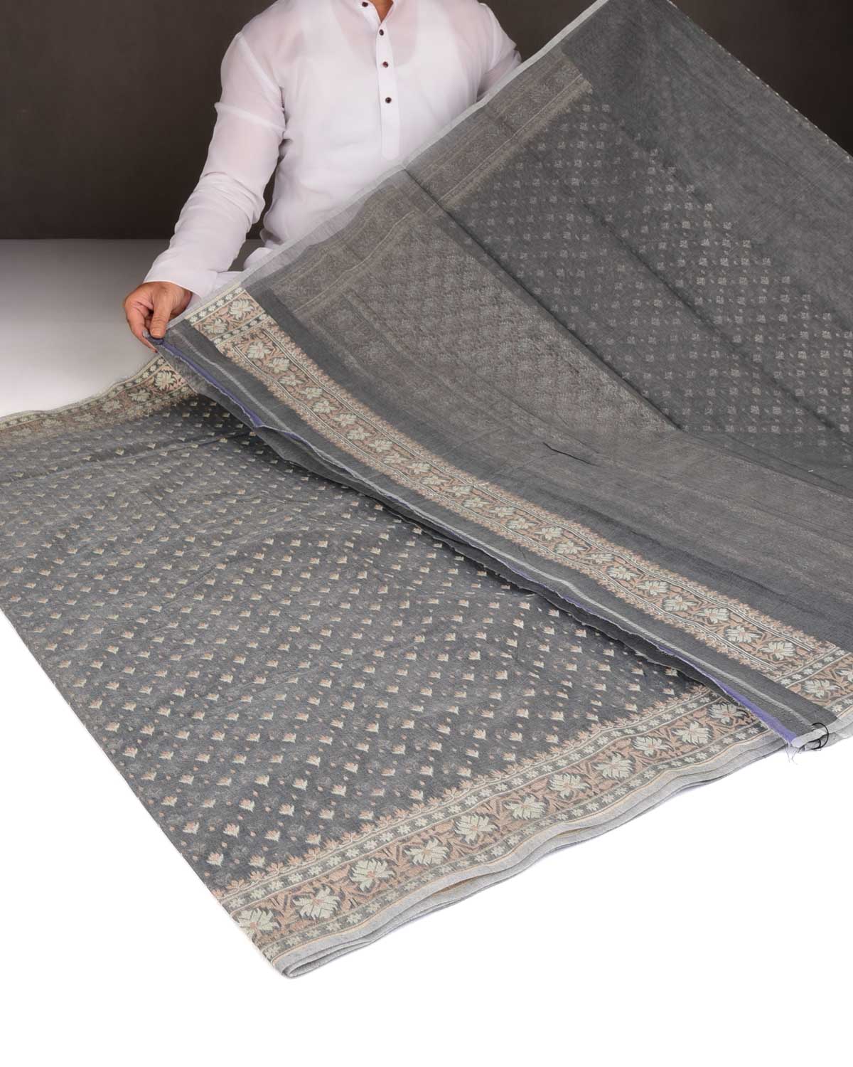 Gunmetal Gray Alfi Buti Cutwork Brocade Woven Cotton Silk Banarasi Saree-HolyWeaves