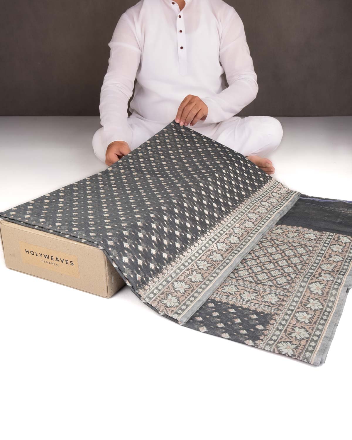 Gunmetal Gray Alfi Buti Cutwork Brocade Woven Cotton Silk Banarasi Saree-HolyWeaves