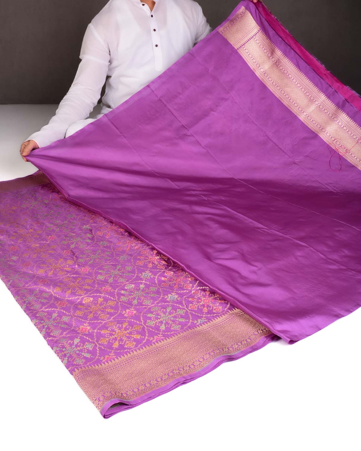 Lilac Tehra Patola Cutwork Brocade Handwoven Katan Silk Banarasi Saree-HolyWeaves