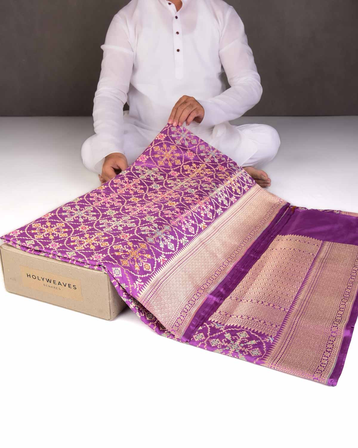 Lilac Tehra Patola Cutwork Brocade Handwoven Katan Silk Banarasi Saree-HolyWeaves