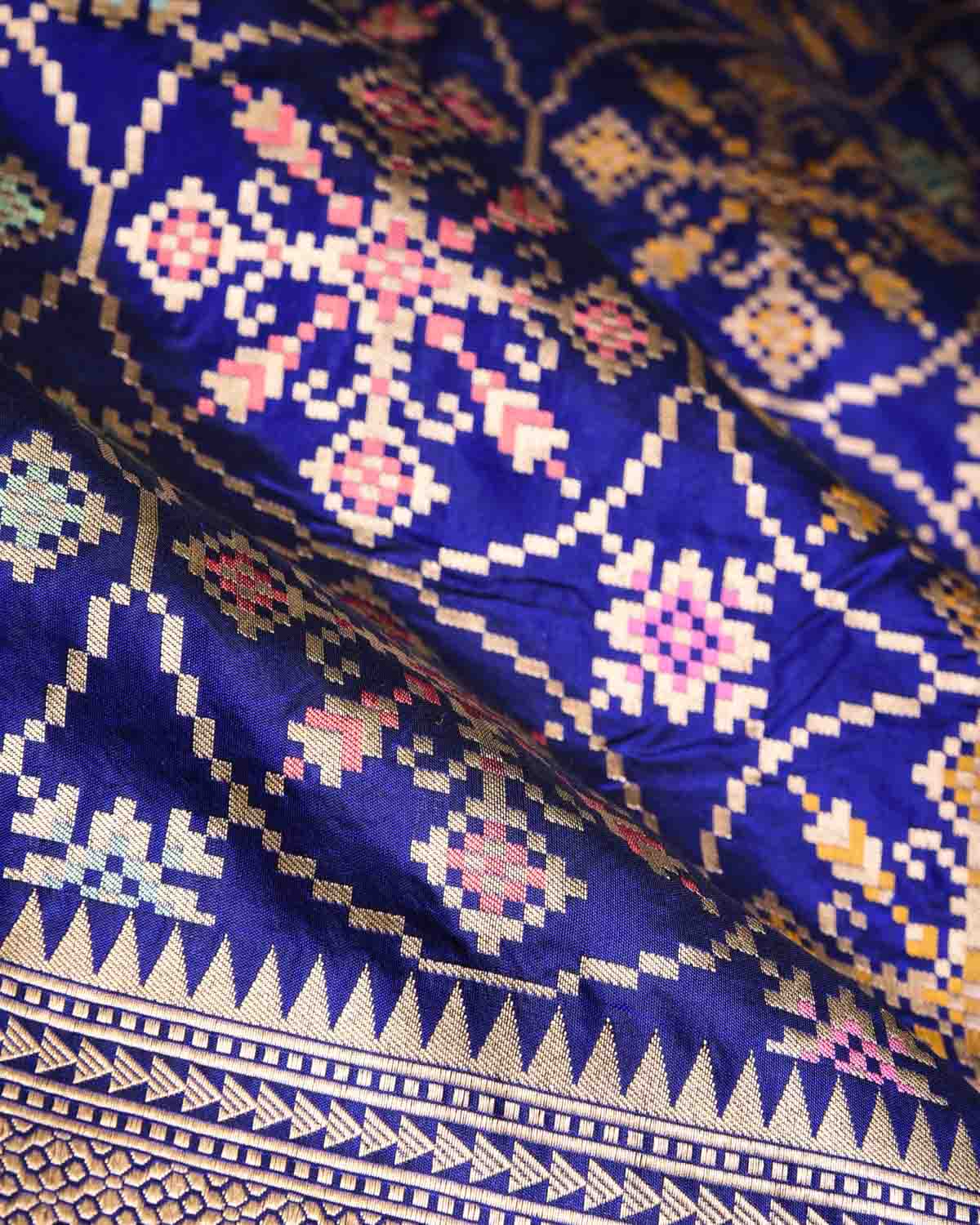 Navy Blue Tehra Patola Cutwork Brocade Handwoven Katan Silk Banarasi Saree-HolyWeaves