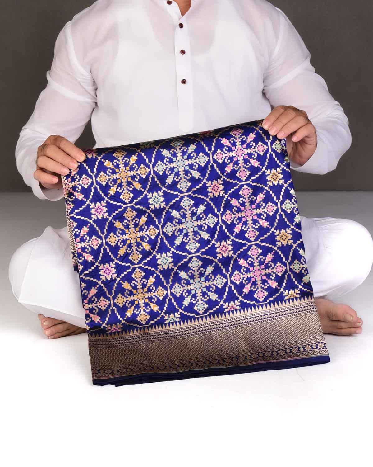 Navy Blue Tehra Patola Cutwork Brocade Handwoven Katan Silk Banarasi Saree-HolyWeaves