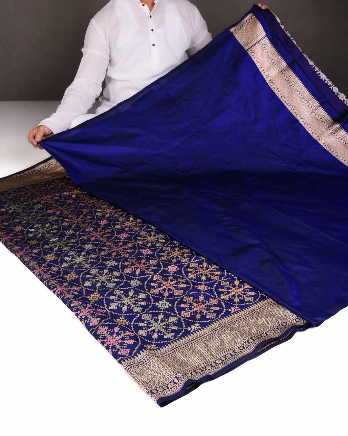 Navy Blue Tehra Patola Cutwork Brocade Handwoven Katan Silk Banarasi Saree-HolyWeaves