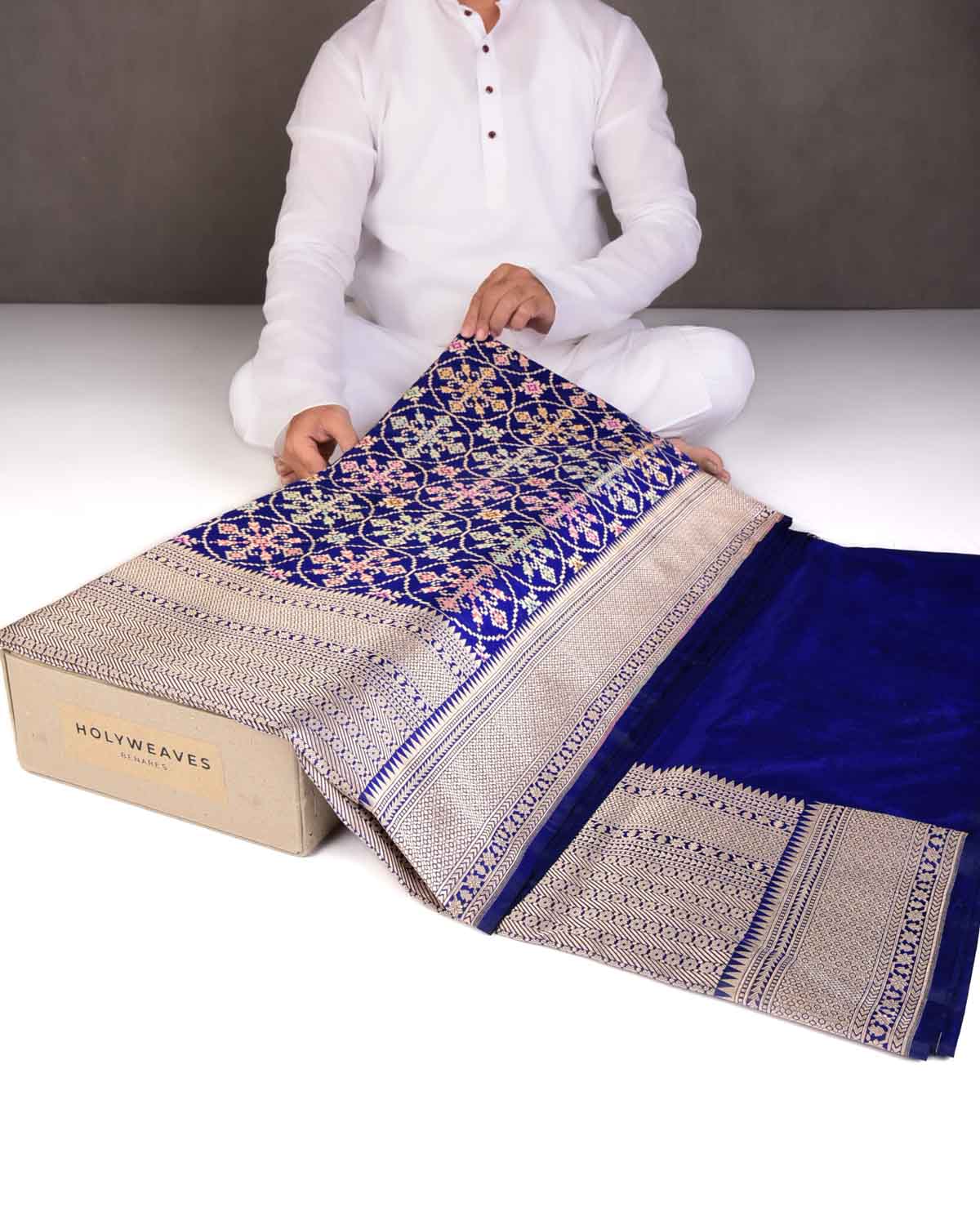 Navy Blue Tehra Patola Cutwork Brocade Handwoven Katan Silk Banarasi Saree-HolyWeaves