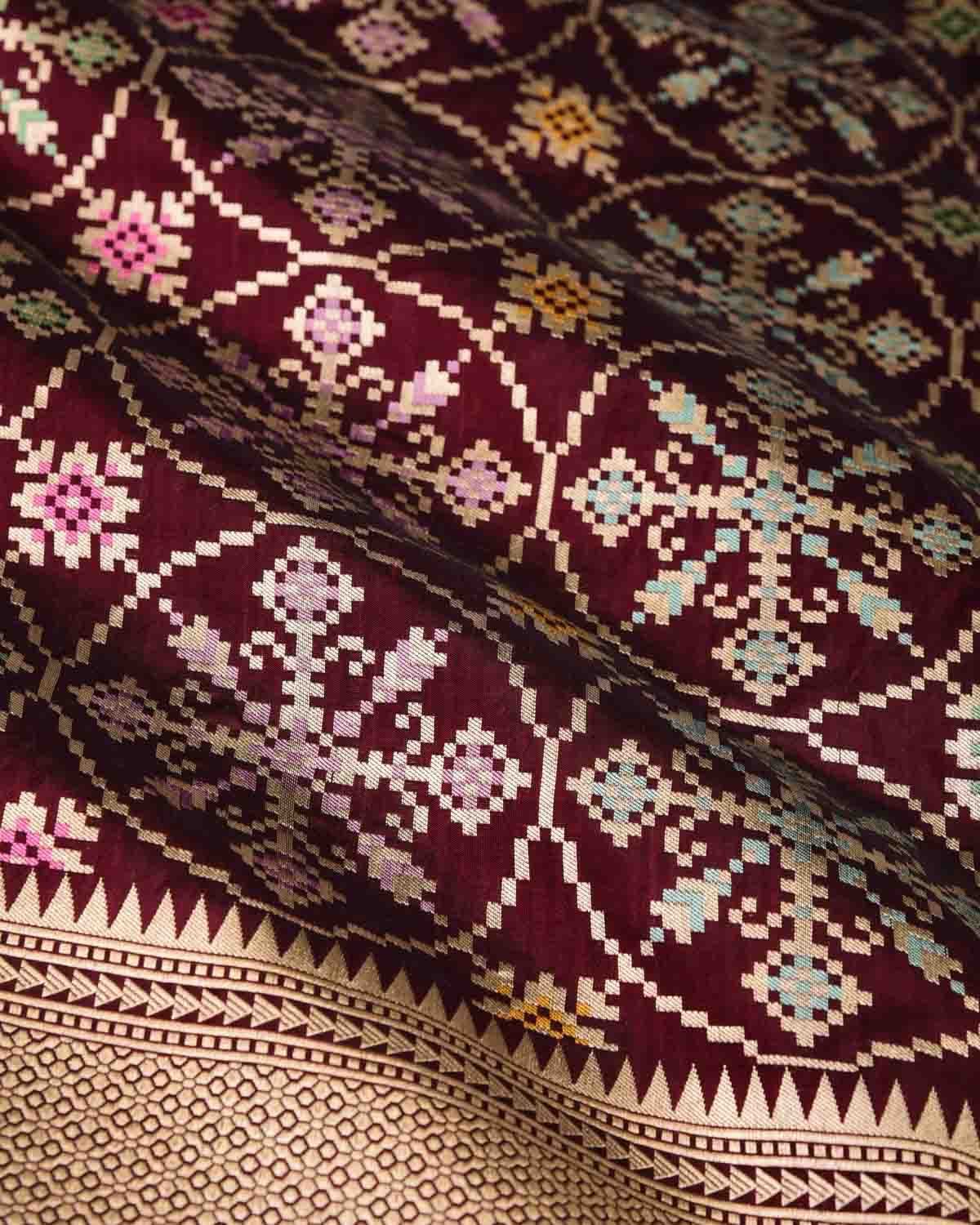 Mahogany Tehra Patola Cutwork Brocade Handwoven Katan Silk Banarasi Saree-HolyWeaves