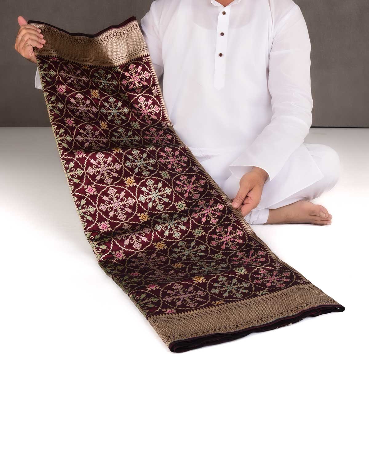 Mahogany Tehra Patola Cutwork Brocade Handwoven Katan Silk Banarasi Saree-HolyWeaves