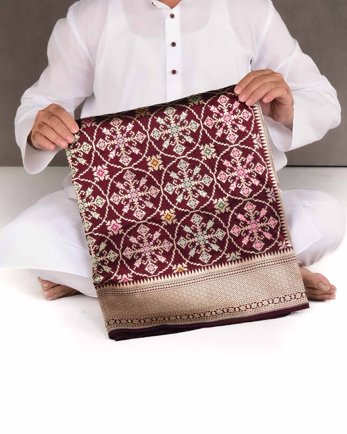 Mahogany Tehra Patola Cutwork Brocade Handwoven Katan Silk Banarasi Saree-HolyWeaves