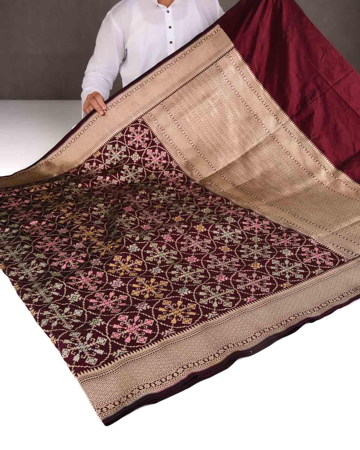 Mahogany Tehra Patola Cutwork Brocade Handwoven Katan Silk Banarasi Saree-HolyWeaves
