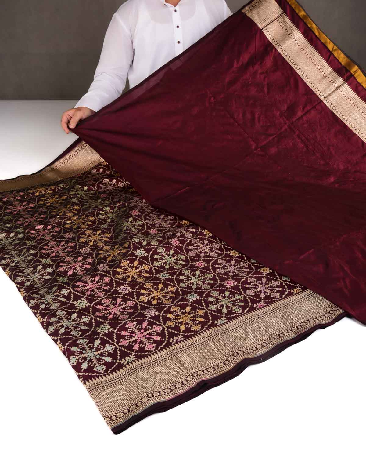 Mahogany Tehra Patola Cutwork Brocade Handwoven Katan Silk Banarasi Saree-HolyWeaves