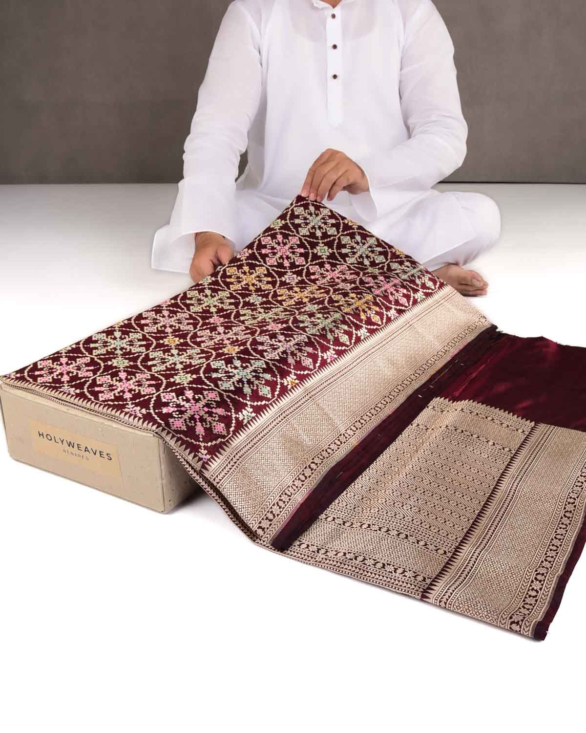 Mahogany Tehra Patola Cutwork Brocade Handwoven Katan Silk Banarasi Saree-HolyWeaves