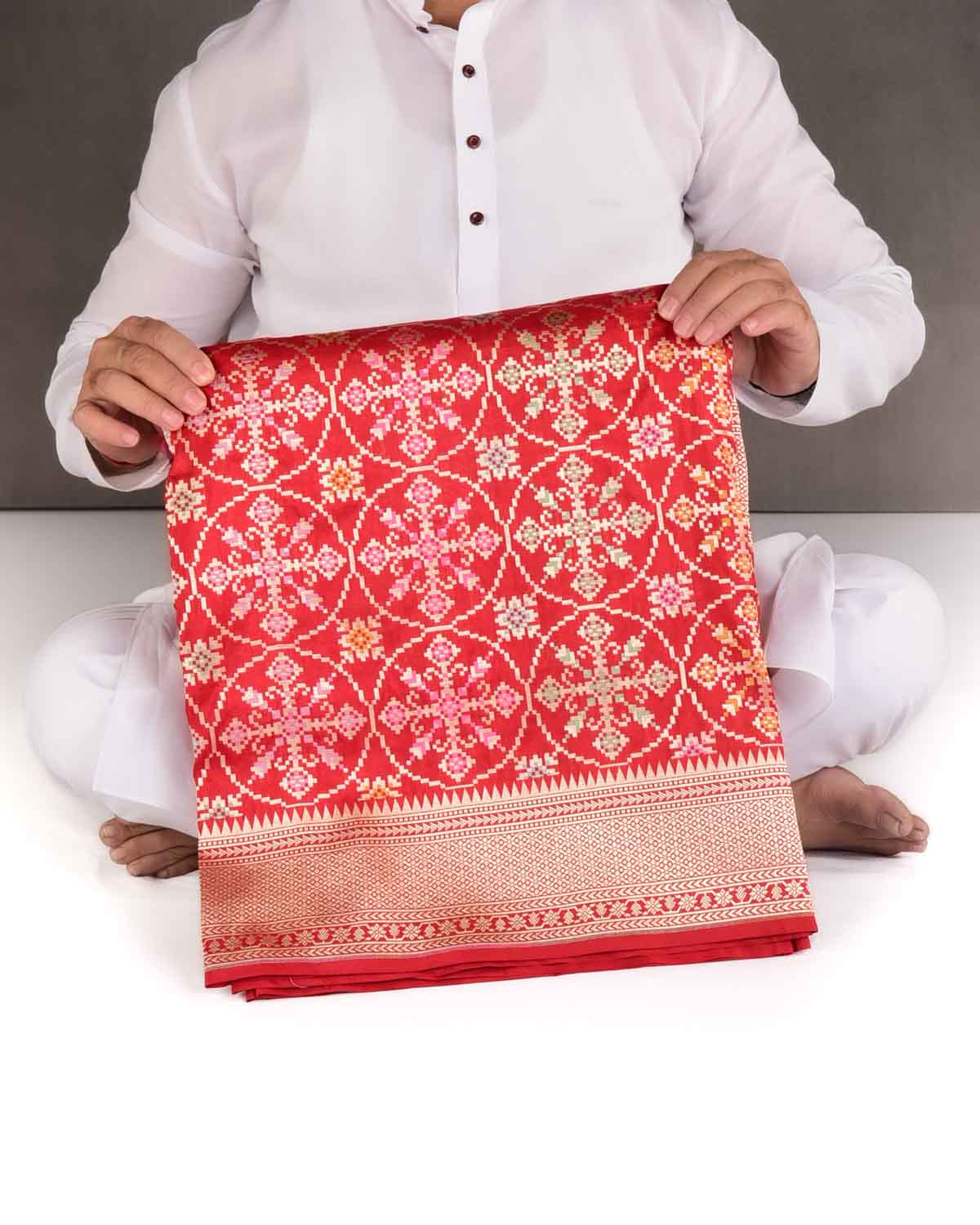 Red Tehra Patola Cutwork Brocade Handwoven Katan Silk Banarasi Saree-HolyWeaves