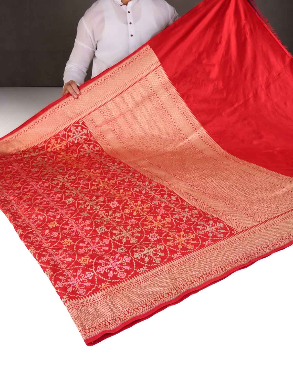 Red Tehra Patola Cutwork Brocade Handwoven Katan Silk Banarasi Saree-HolyWeaves