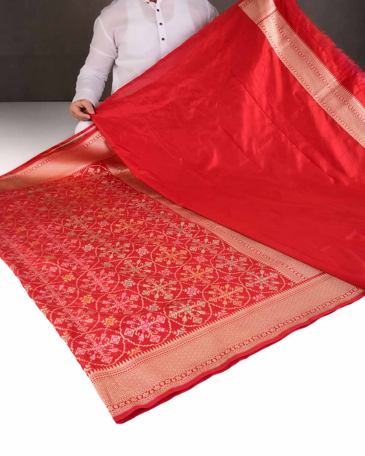 Red Tehra Patola Cutwork Brocade Handwoven Katan Silk Banarasi Saree-HolyWeaves