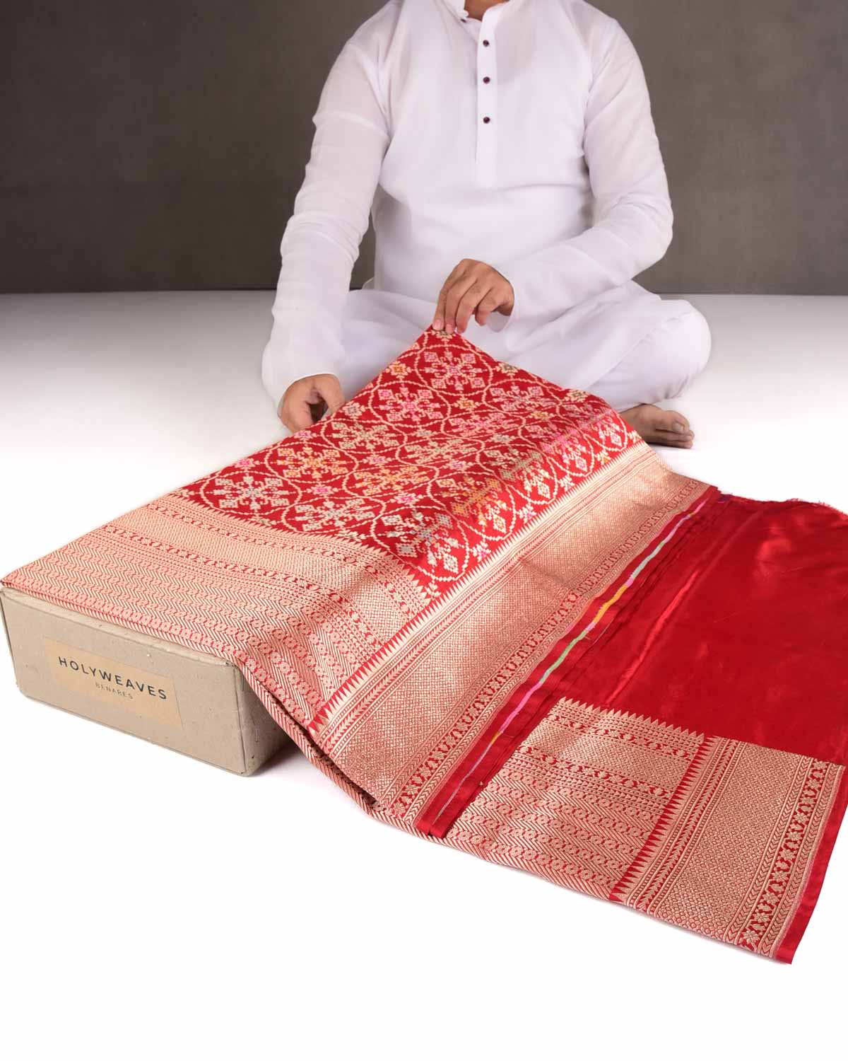 Red Tehra Patola Cutwork Brocade Handwoven Katan Silk Banarasi Saree-HolyWeaves
