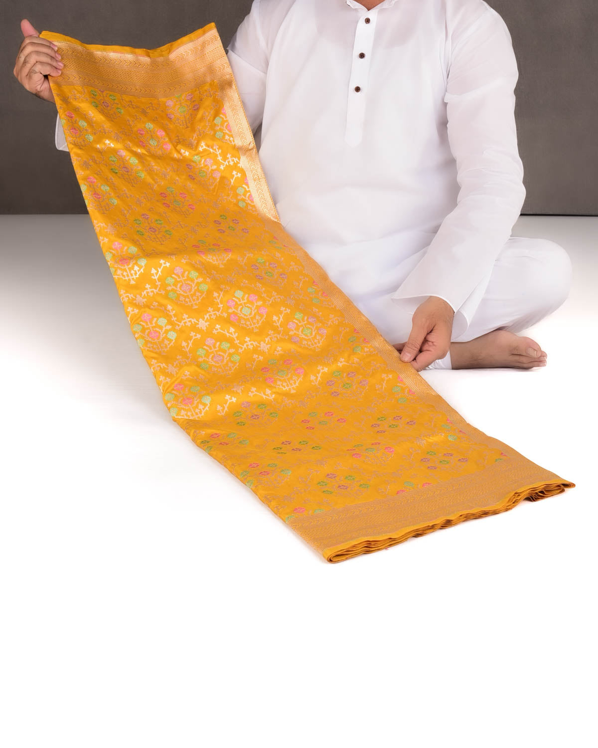 Mustard Yellow Tehra Floral Jaal Cutwork Brocade Handwoven Katan Silk Banarasi Saree-HolyWeaves