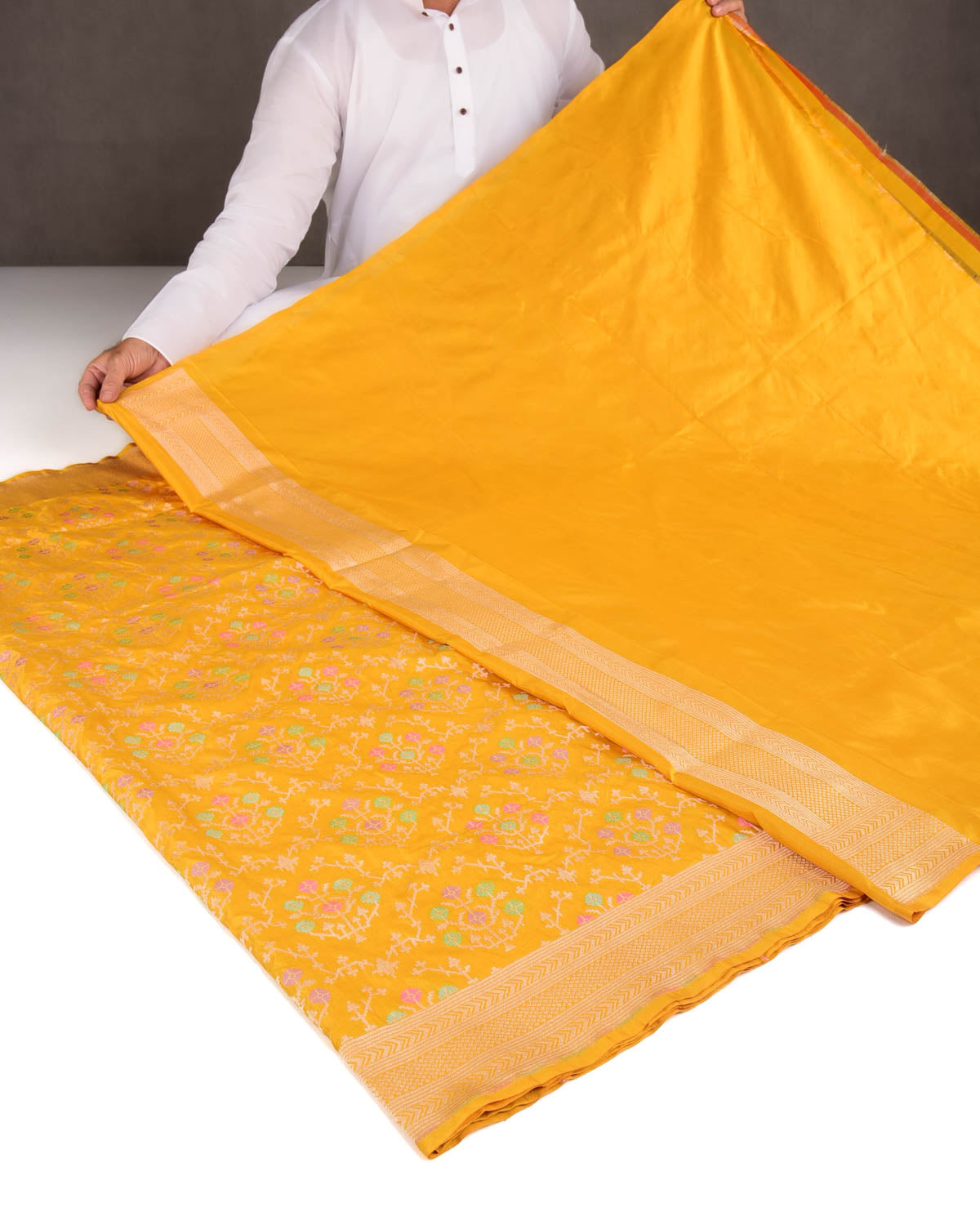 Mustard Yellow Tehra Floral Jaal Cutwork Brocade Handwoven Katan Silk Banarasi Saree-HolyWeaves