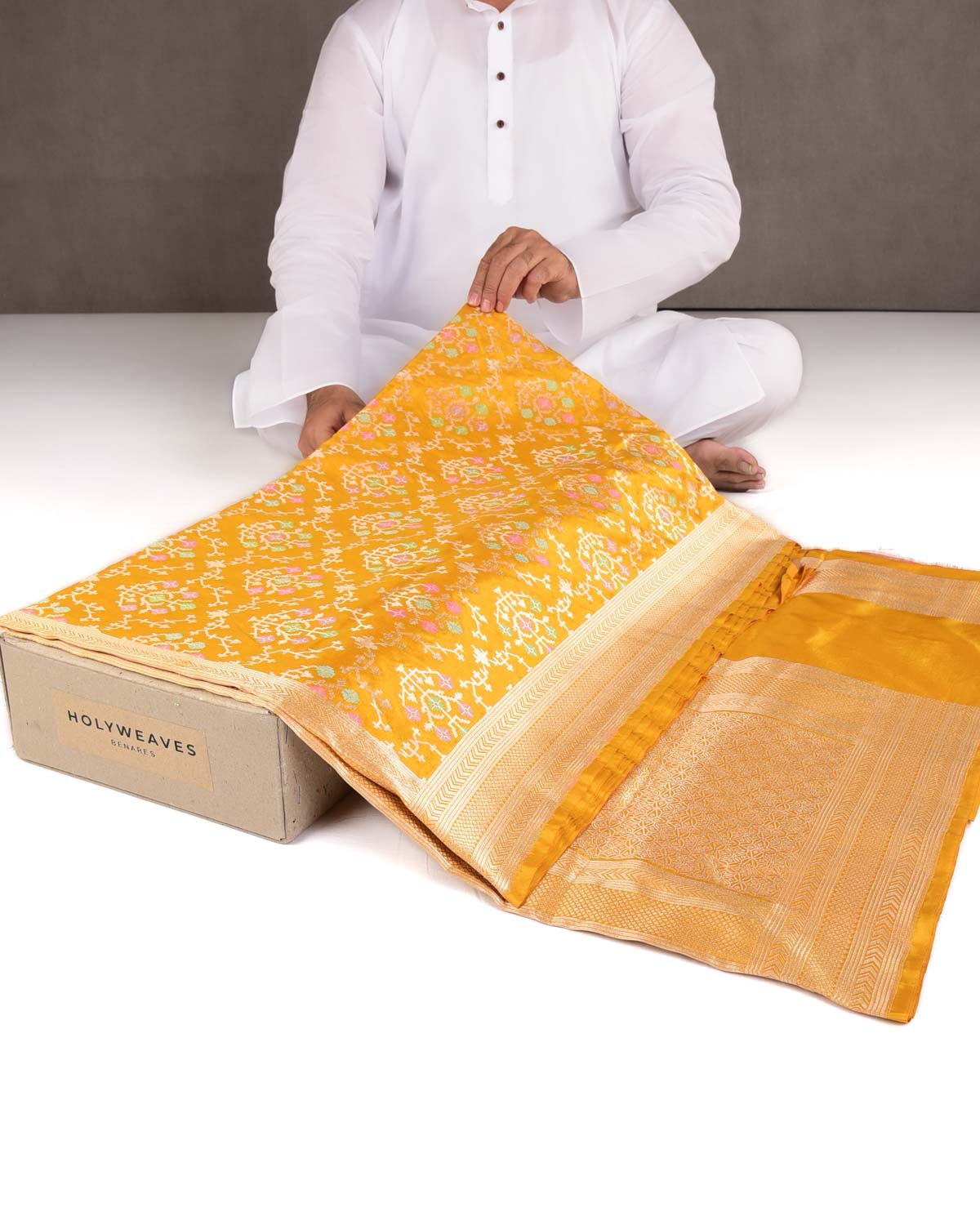 Mustard Yellow Tehra Floral Jaal Cutwork Brocade Handwoven Katan Silk Banarasi Saree-HolyWeaves
