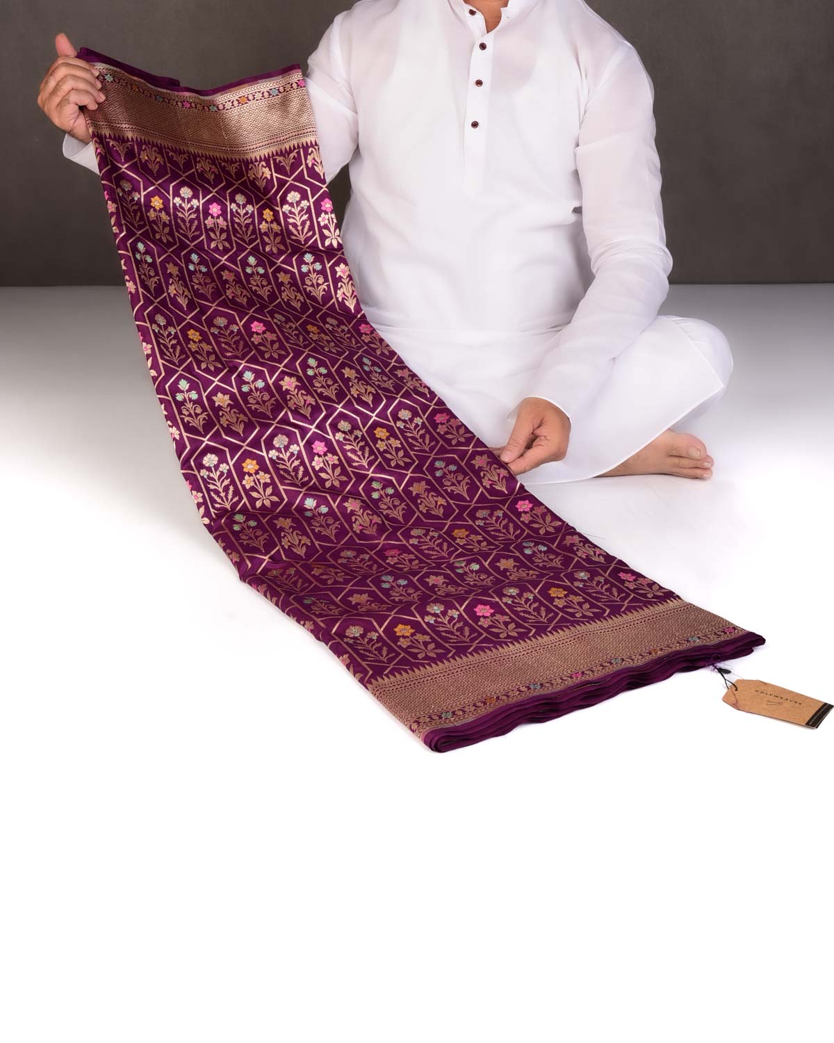 Byzantium Purple Floral Grids Cutwork Brocade Handwoven Katan Silk Banarasi Saree-HolyWeaves