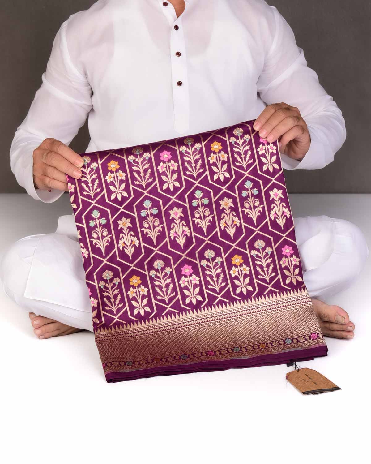 Byzantium Purple Floral Grids Cutwork Brocade Handwoven Katan Silk Banarasi Saree-HolyWeaves