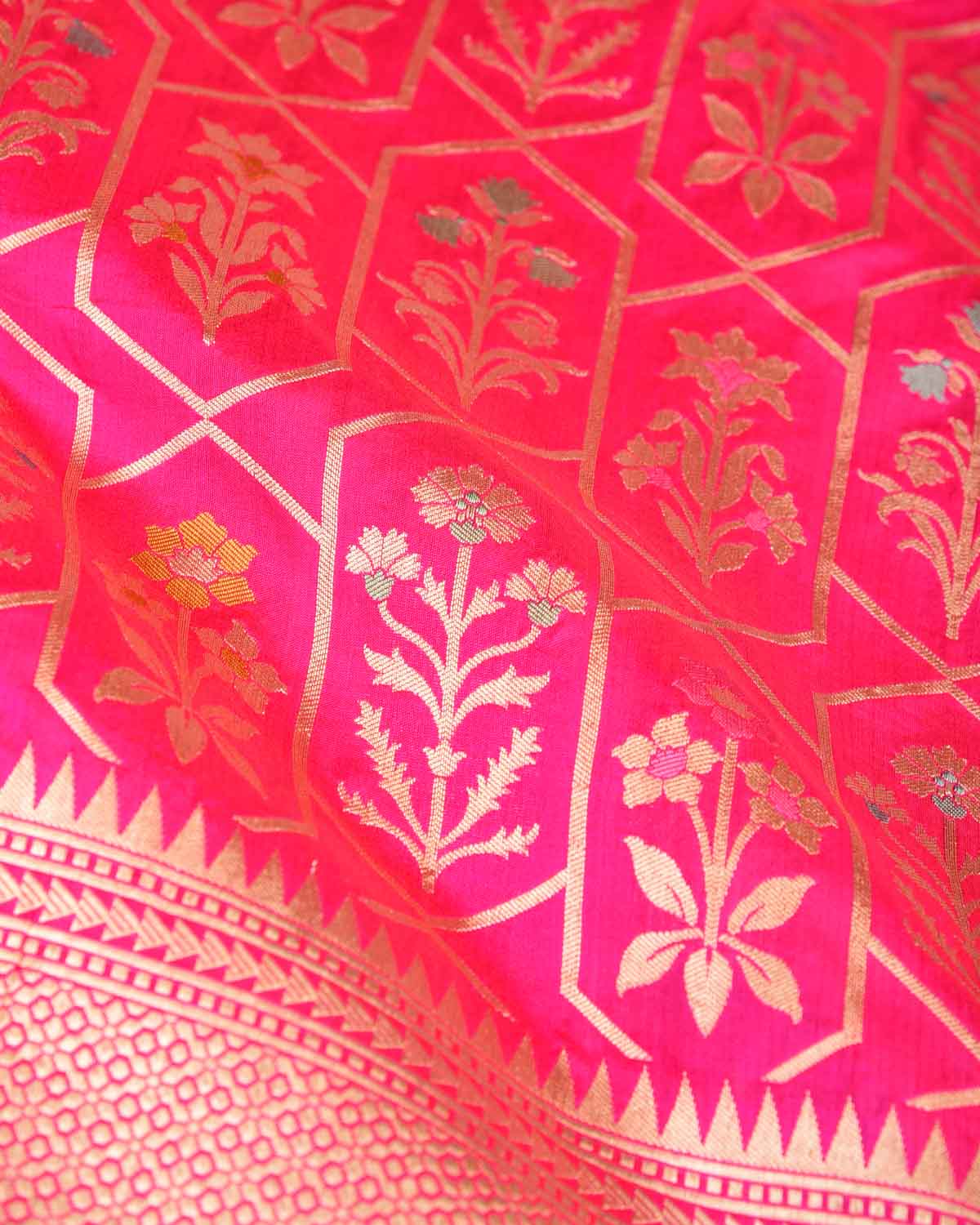 Rani Pink Floral Grids Cutwork Brocade Handwoven Katan Silk Banarasi Saree