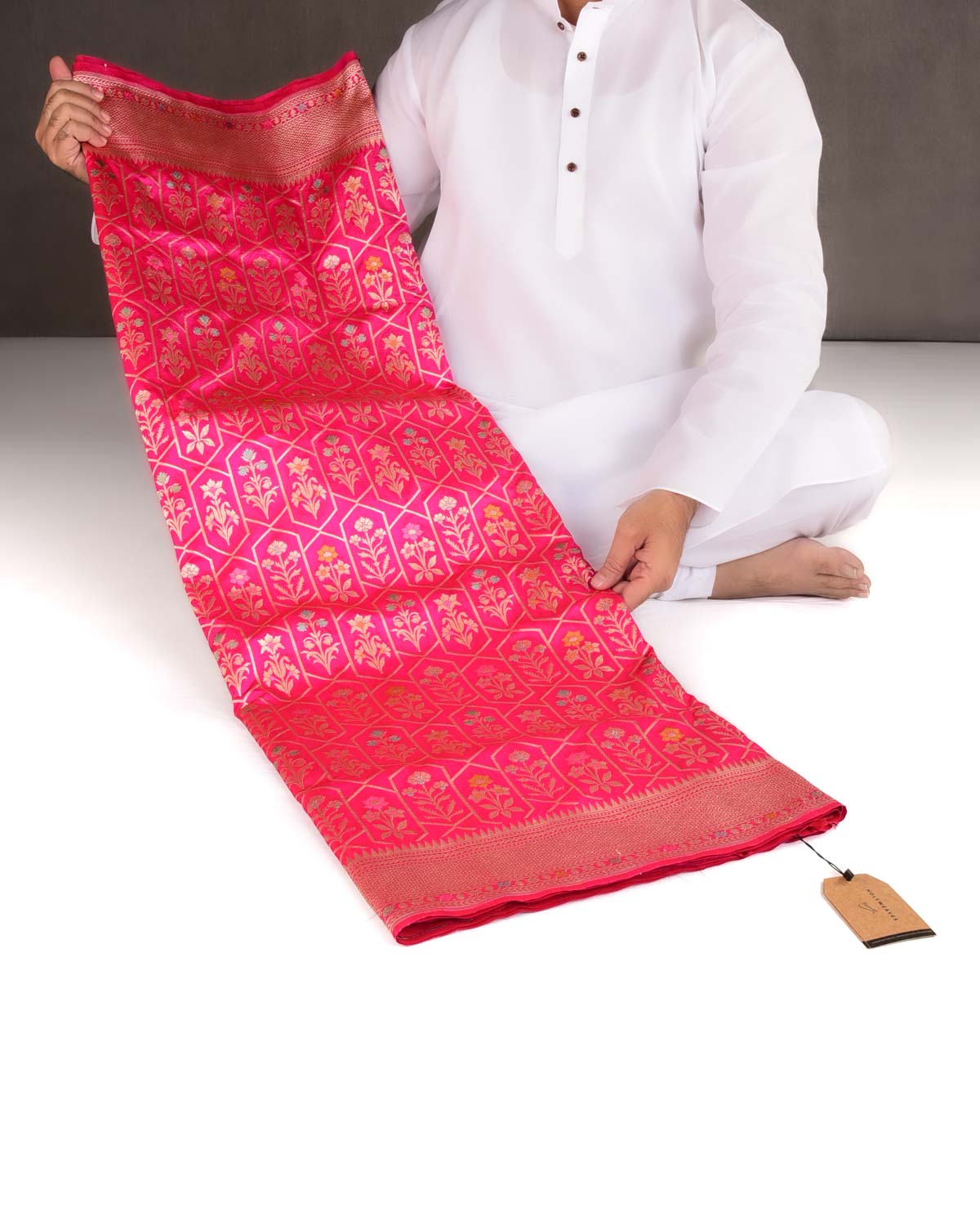 Rani Pink Floral Grids Cutwork Brocade Handwoven Katan Silk Banarasi Saree