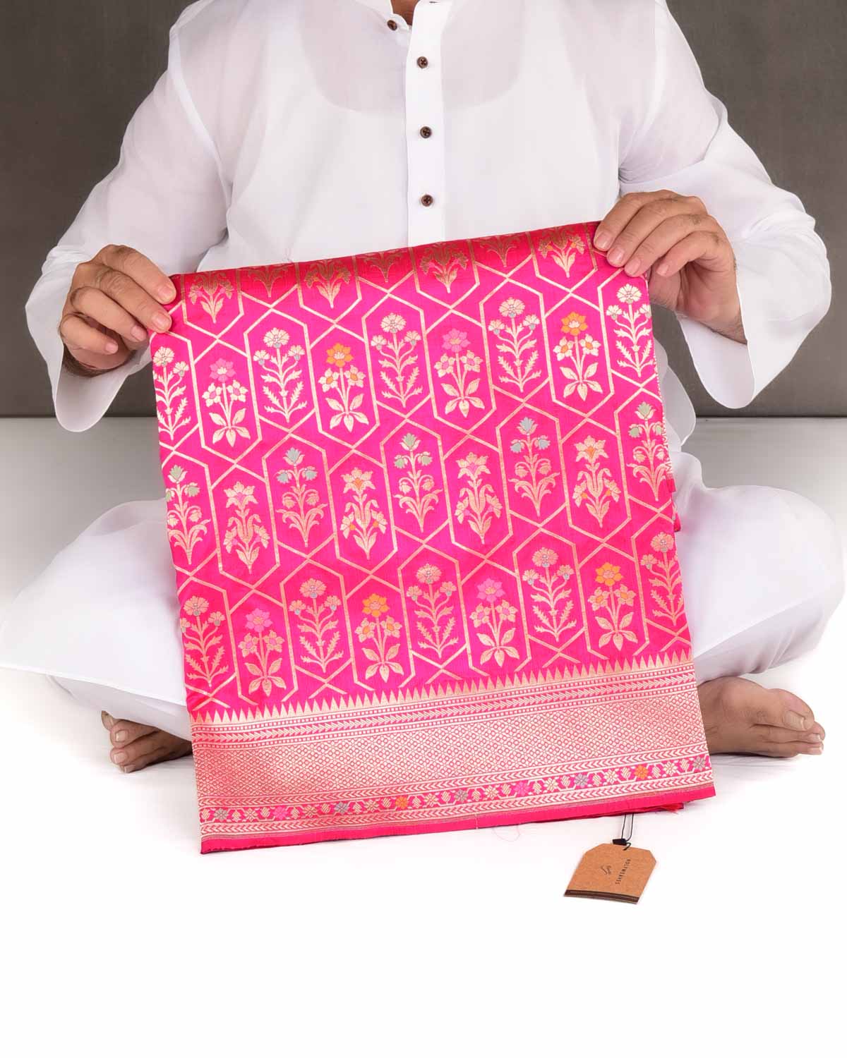 Rani Pink Floral Grids Cutwork Brocade Handwoven Katan Silk Banarasi Saree