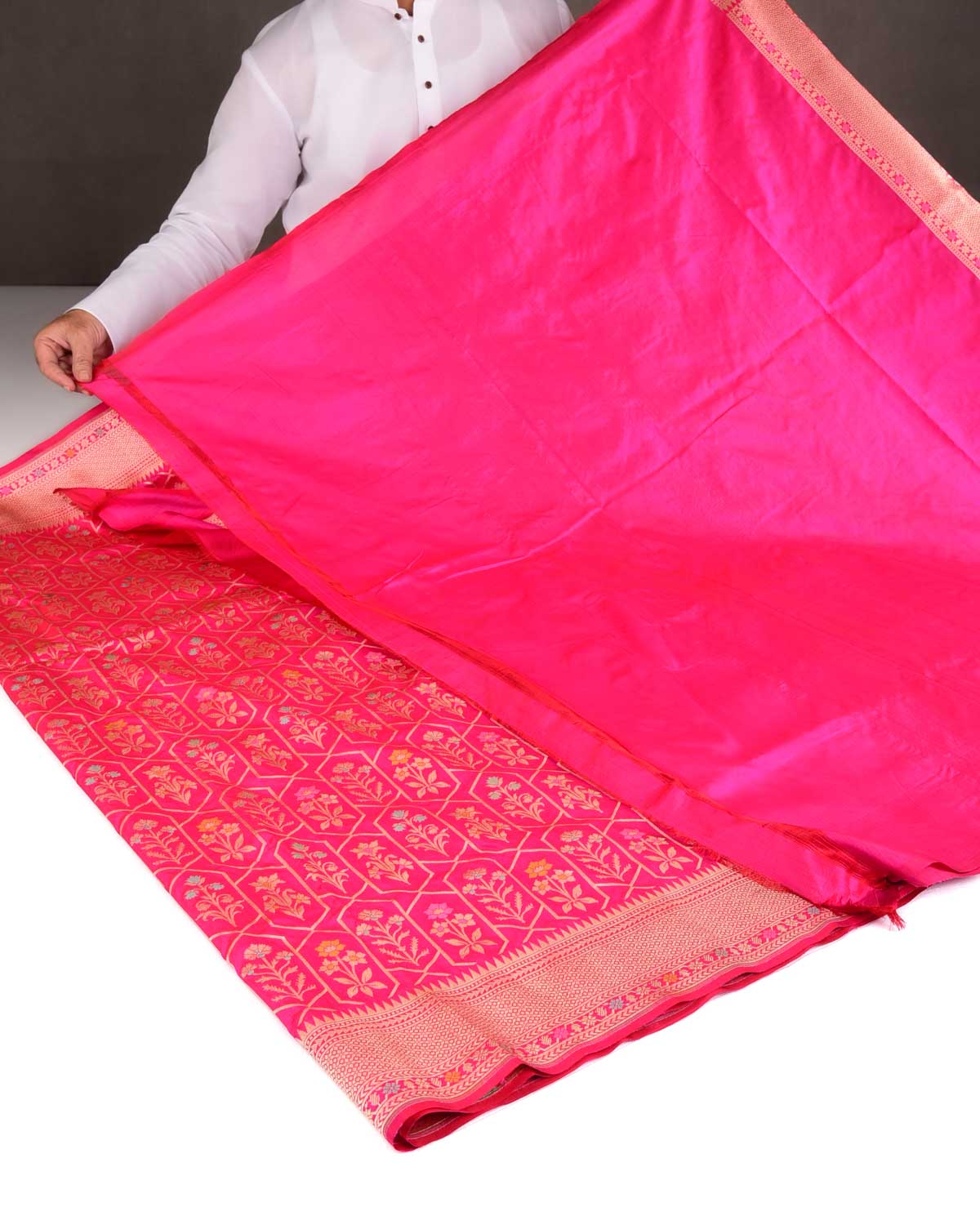 Rani Pink Floral Grids Cutwork Brocade Handwoven Katan Silk Banarasi Saree