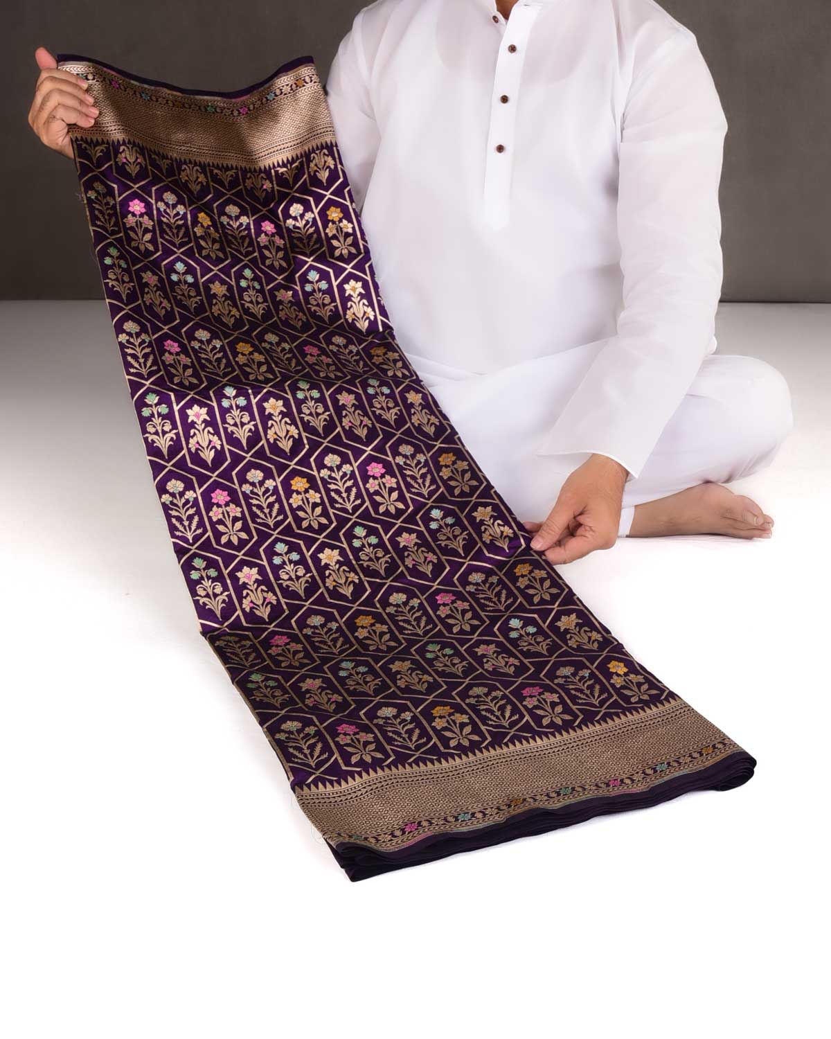 Purple Floral Grids Cutwork Brocade Handwoven Katan Silk Banarasi Saree-HolyWeaves