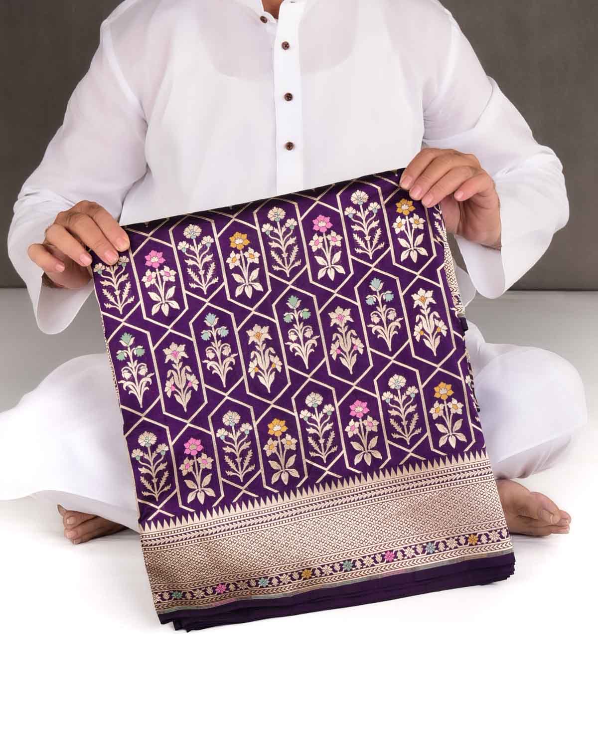 Purple Floral Grids Cutwork Brocade Handwoven Katan Silk Banarasi Saree-HolyWeaves