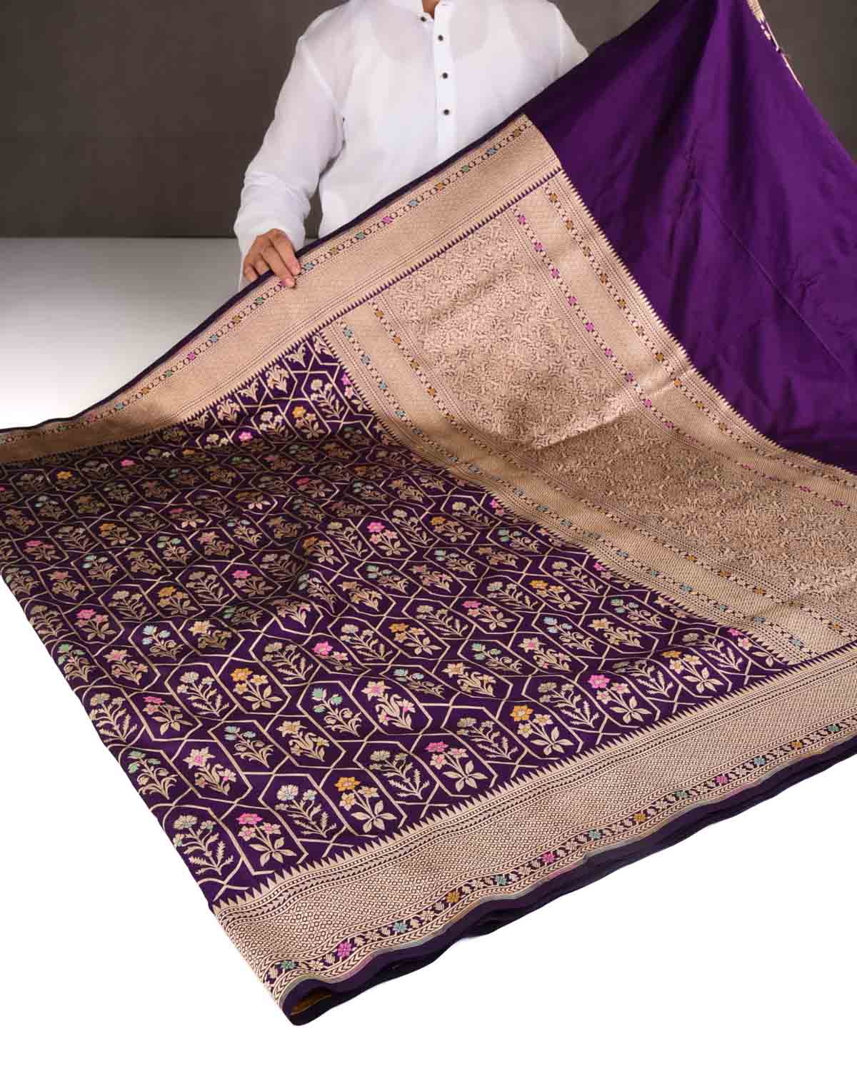 Purple Floral Grids Cutwork Brocade Handwoven Katan Silk Banarasi Saree-HolyWeaves
