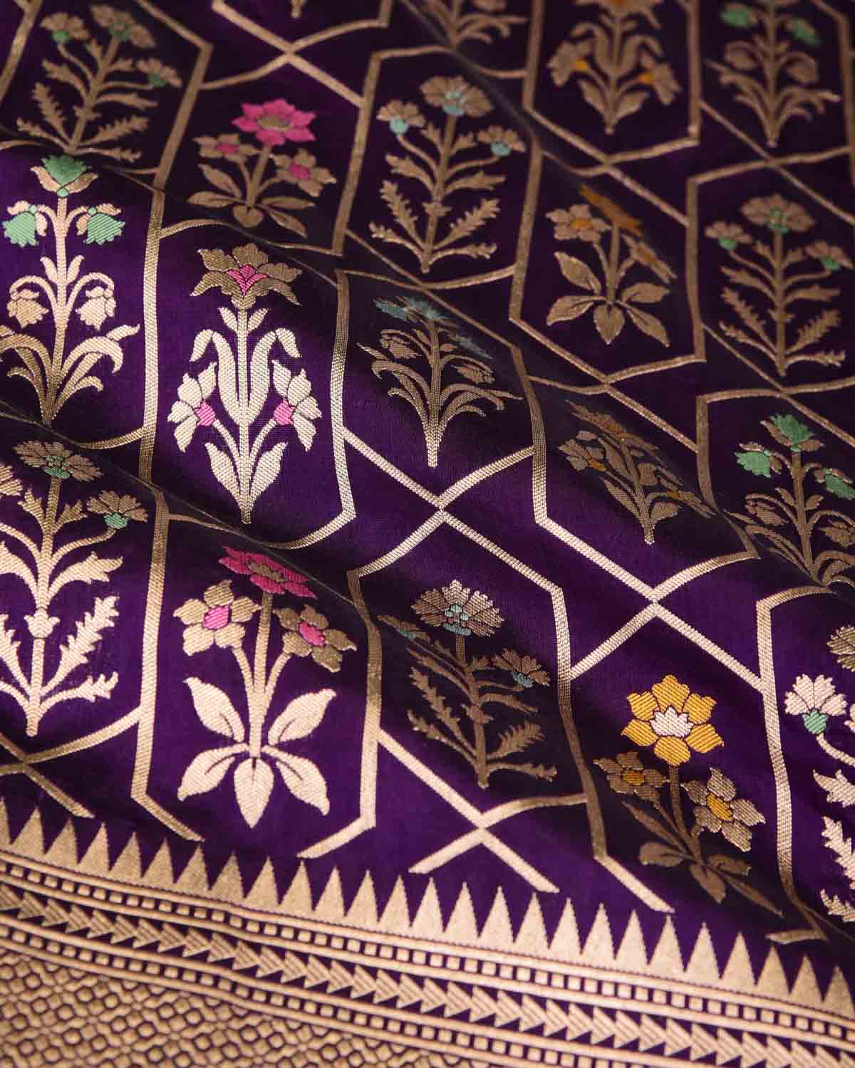 Purple Floral Grids Cutwork Brocade Handwoven Katan Silk Banarasi Saree-HolyWeaves