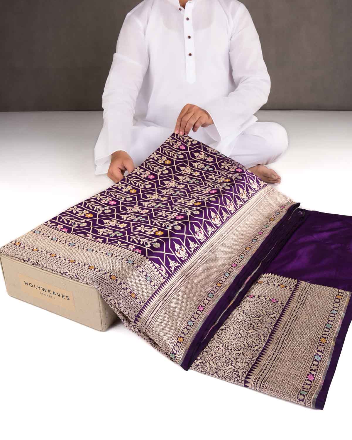 Purple Floral Grids Cutwork Brocade Handwoven Katan Silk Banarasi Saree-HolyWeaves