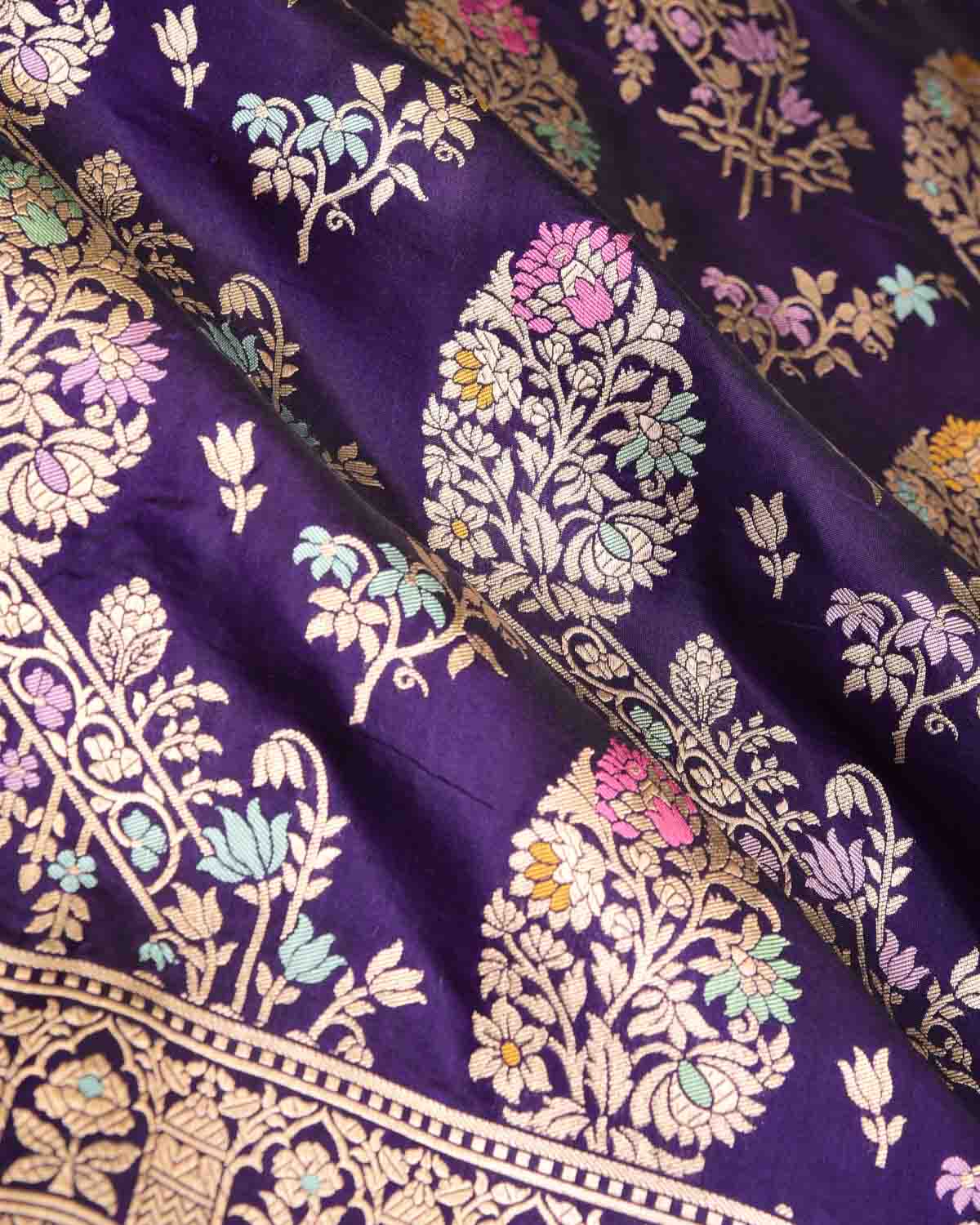 Midnight Purple Tehra Floral Jaal Cutwork Brocade Handwoven Katan Silk Banarasi Saree-HolyWeaves