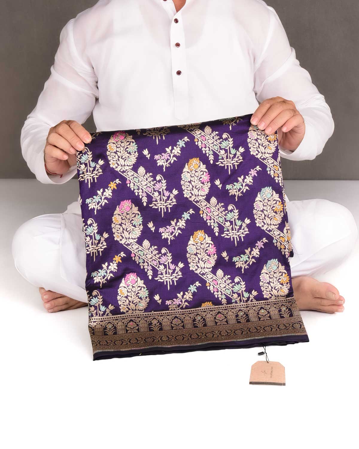 Midnight Purple Tehra Floral Jaal Cutwork Brocade Handwoven Katan Silk Banarasi Saree-HolyWeaves