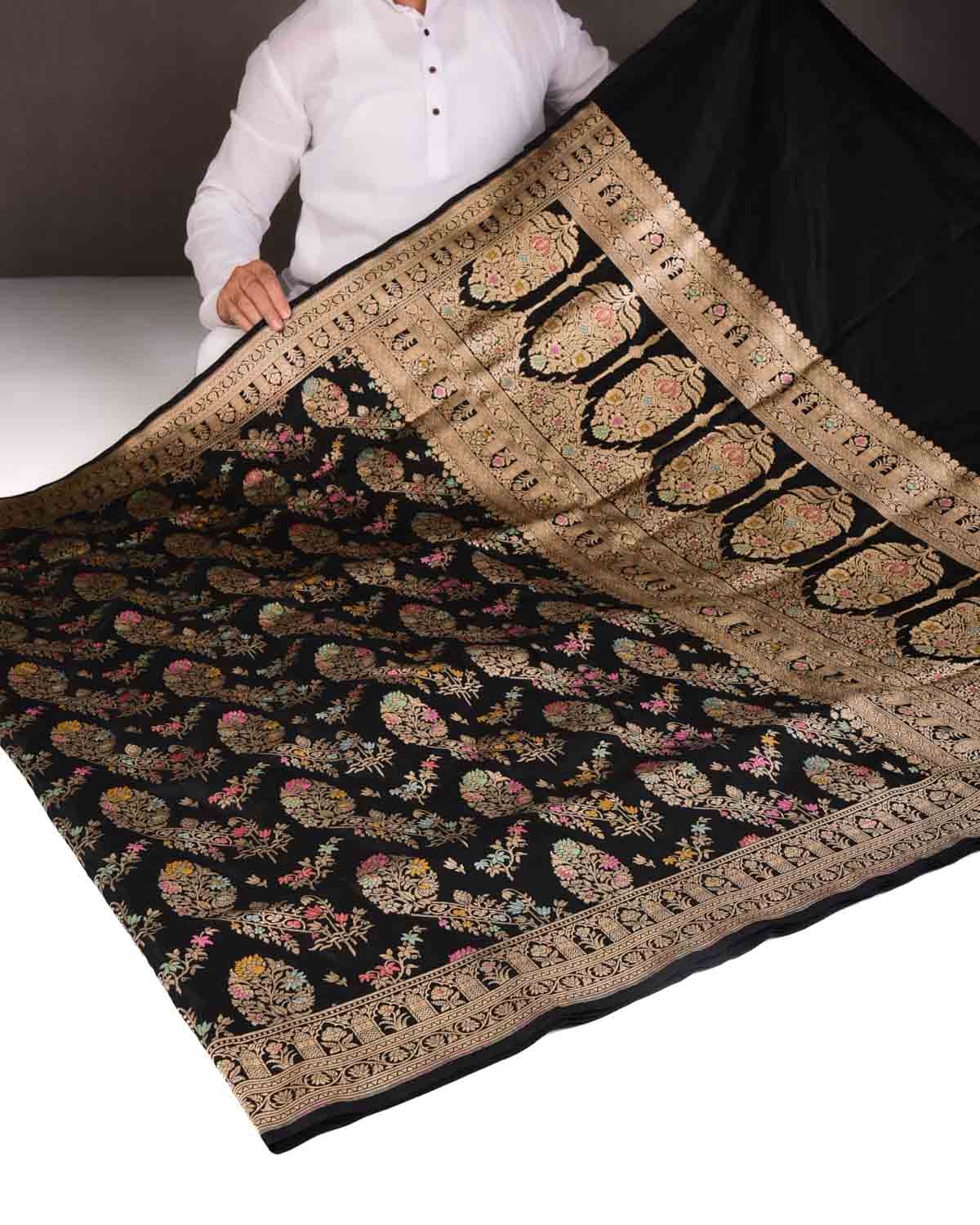 Black Tehra Floral Jaal Cutwork Brocade Handwoven Katan Silk Banarasi Saree-HolyWeaves