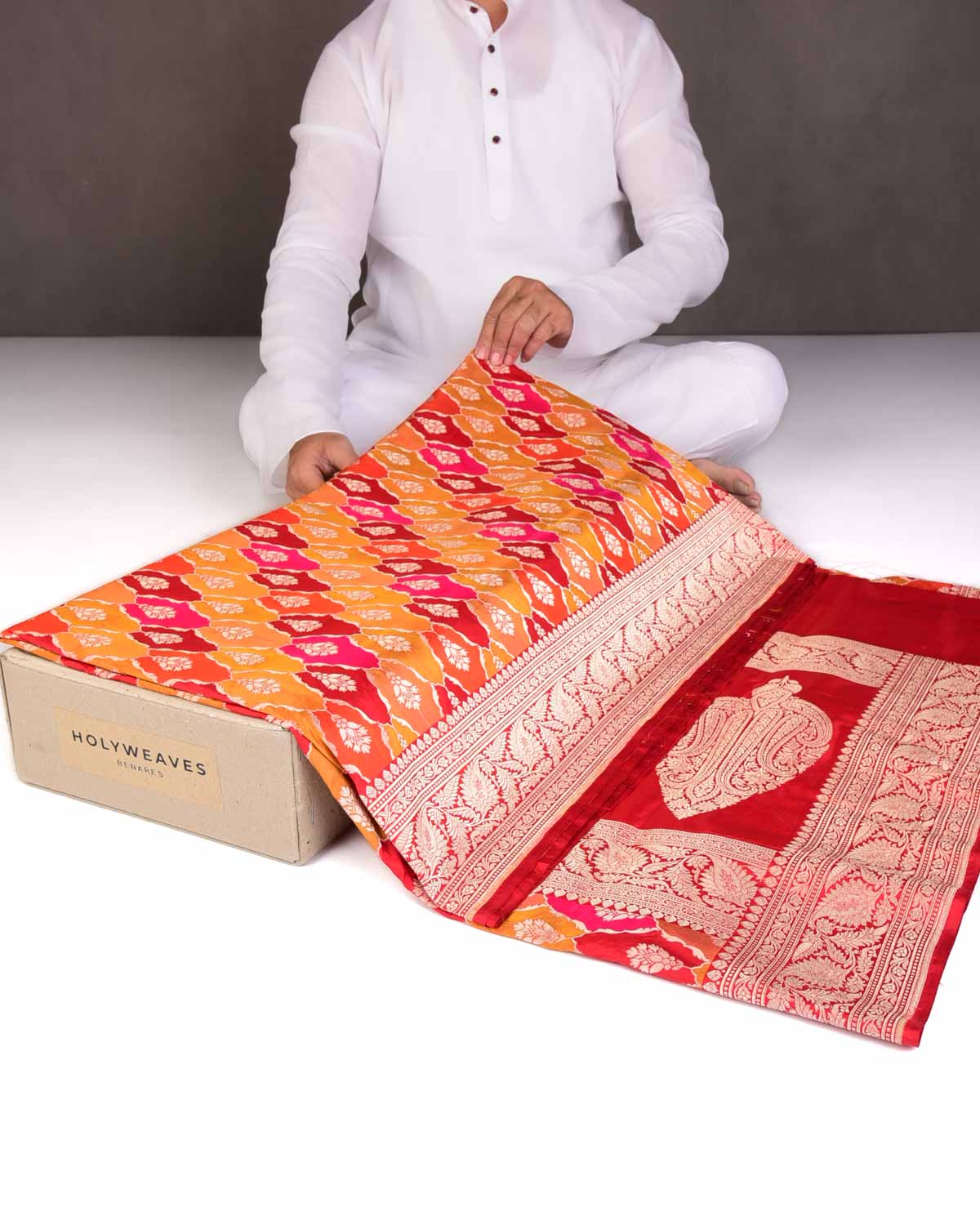 Bridal Multi-color Rangkaat Cutwork Brocade Handwoven Katan Silk Banarasi Saree-HolyWeaves