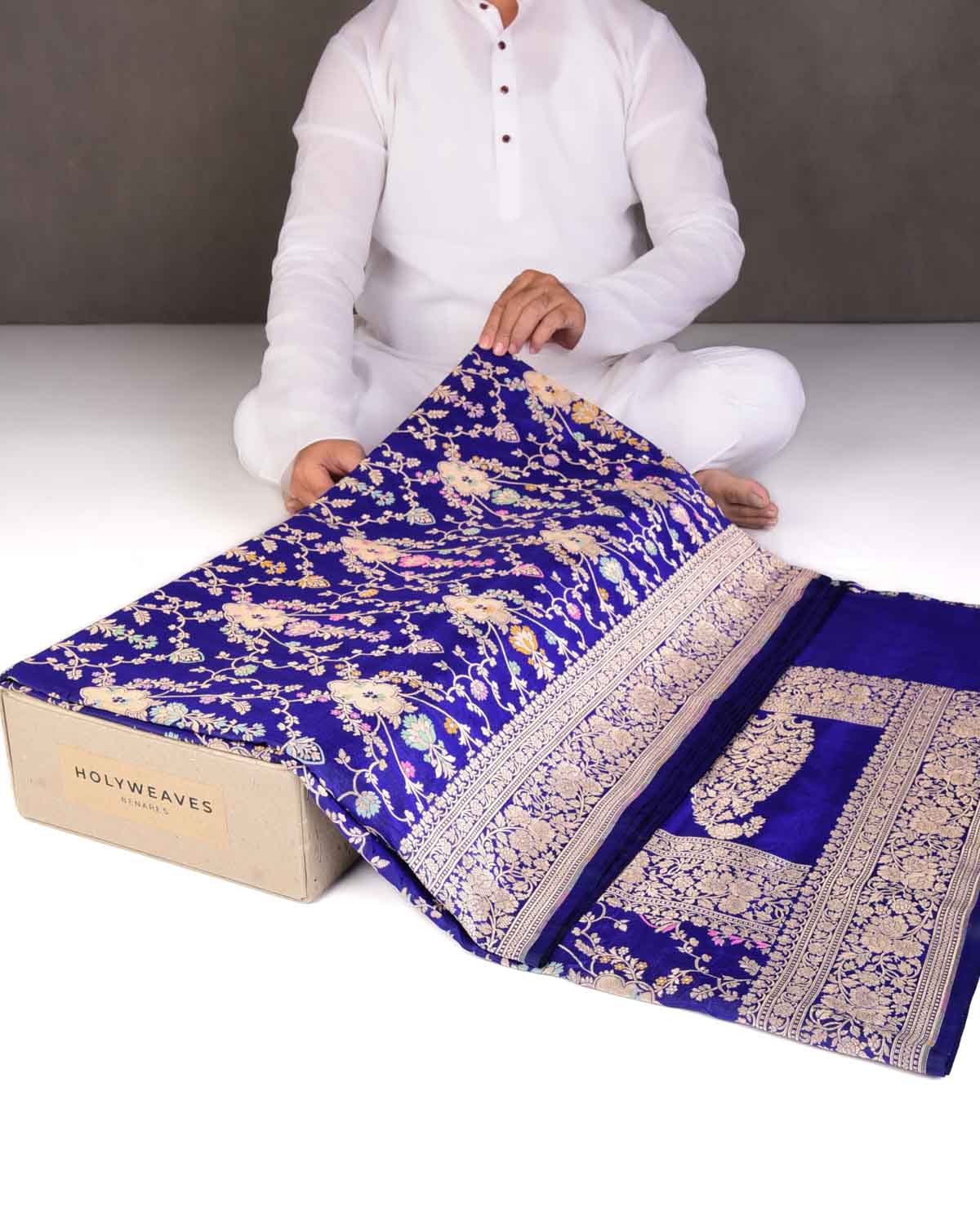 Royal Blue Tehra Floral Cutwork Cutwork Brocade Handwoven Katan Silk Banarasi Saree-HolyWeaves