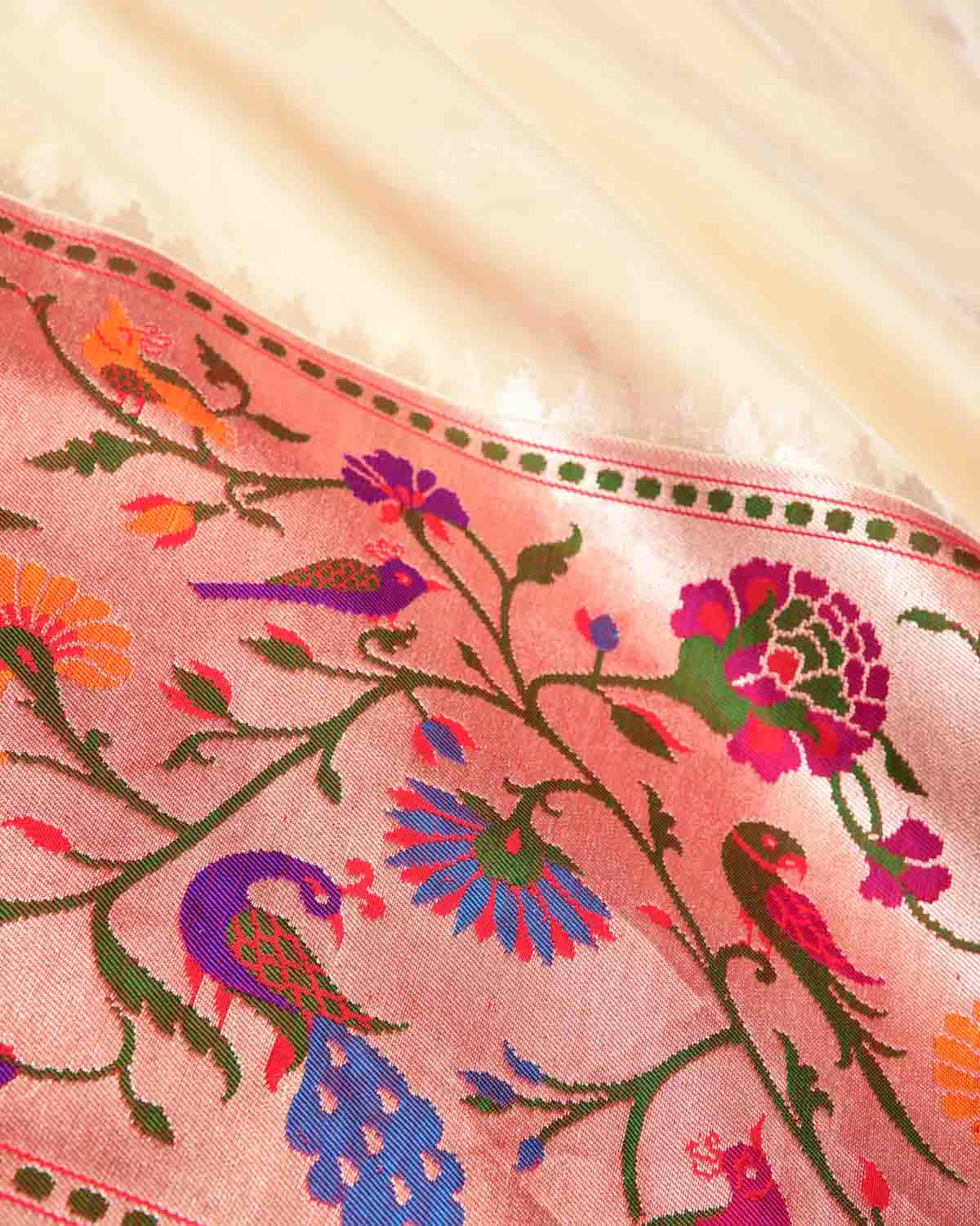 Cream Mayur Paithani Cutwork Brocade Handwoven Katan Silk Banarasi Saree-HolyWeaves