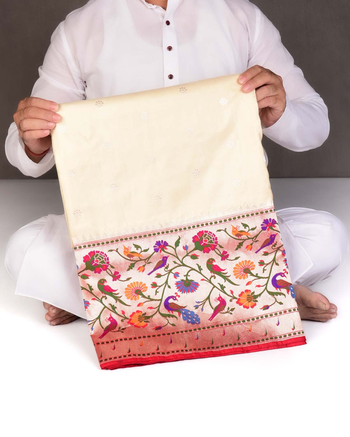 Cream Mayur Paithani Cutwork Brocade Handwoven Katan Silk Banarasi Saree-HolyWeaves