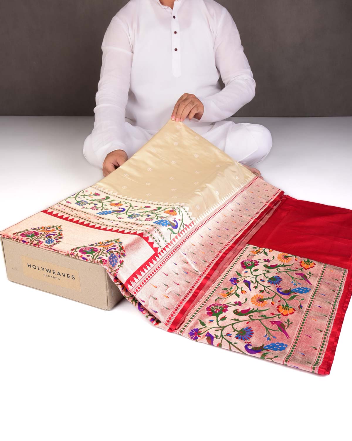 Cream Mayur Paithani Cutwork Brocade Handwoven Katan Silk Banarasi Saree-HolyWeaves