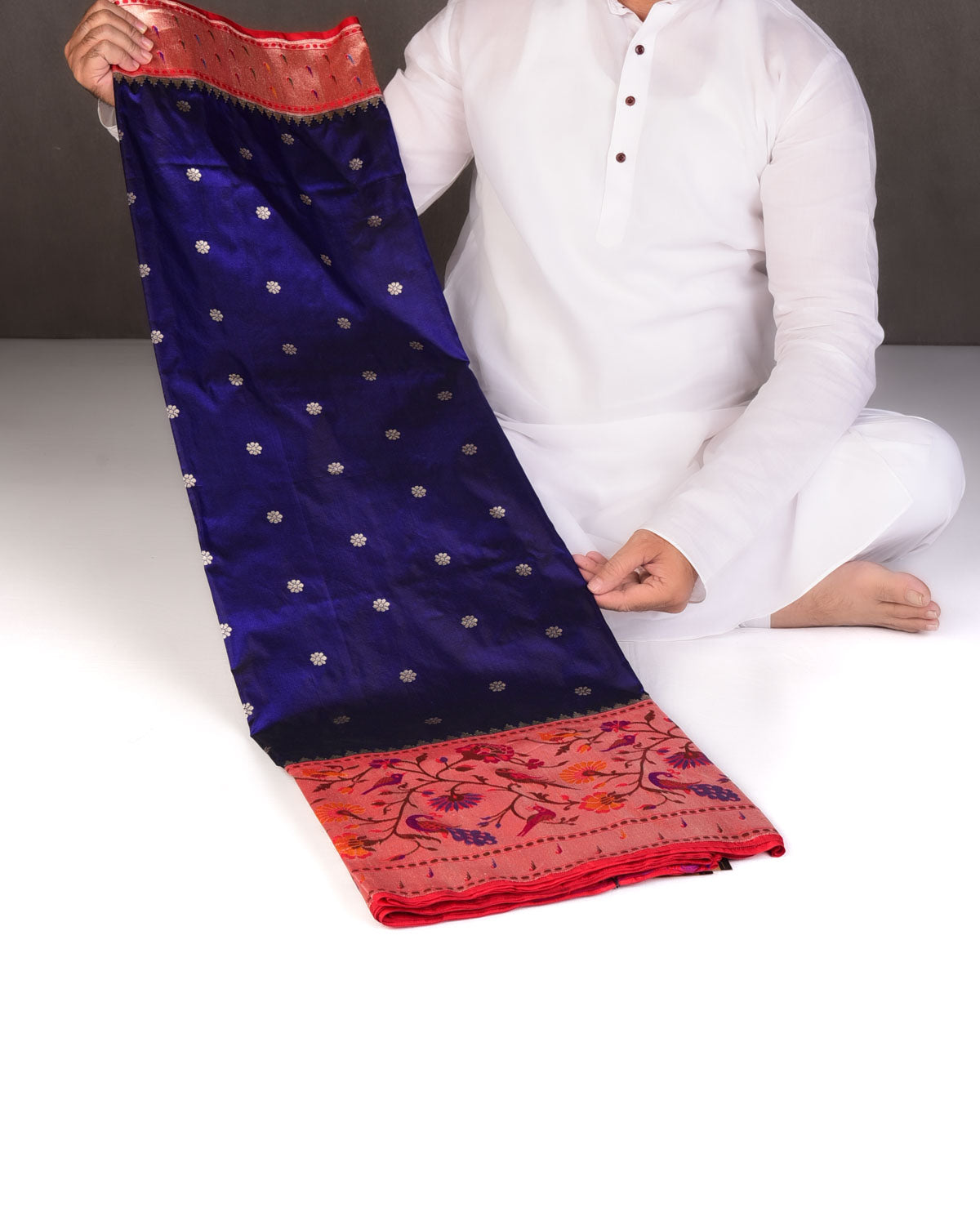 Navy Blue Mayur Paithani Cutwork Brocade Handwoven Katan Silk Banarasi Saree-HolyWeaves